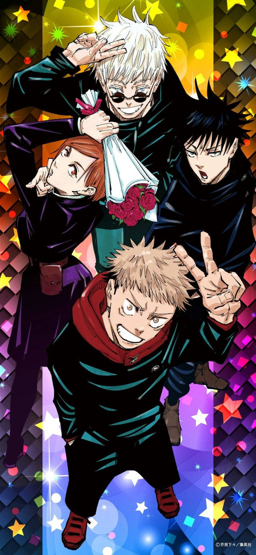Drie eerstejaarstudente van die anime Jujutsu Kaisen agtergrond. — Jujutsu Kaisen Muurpapier