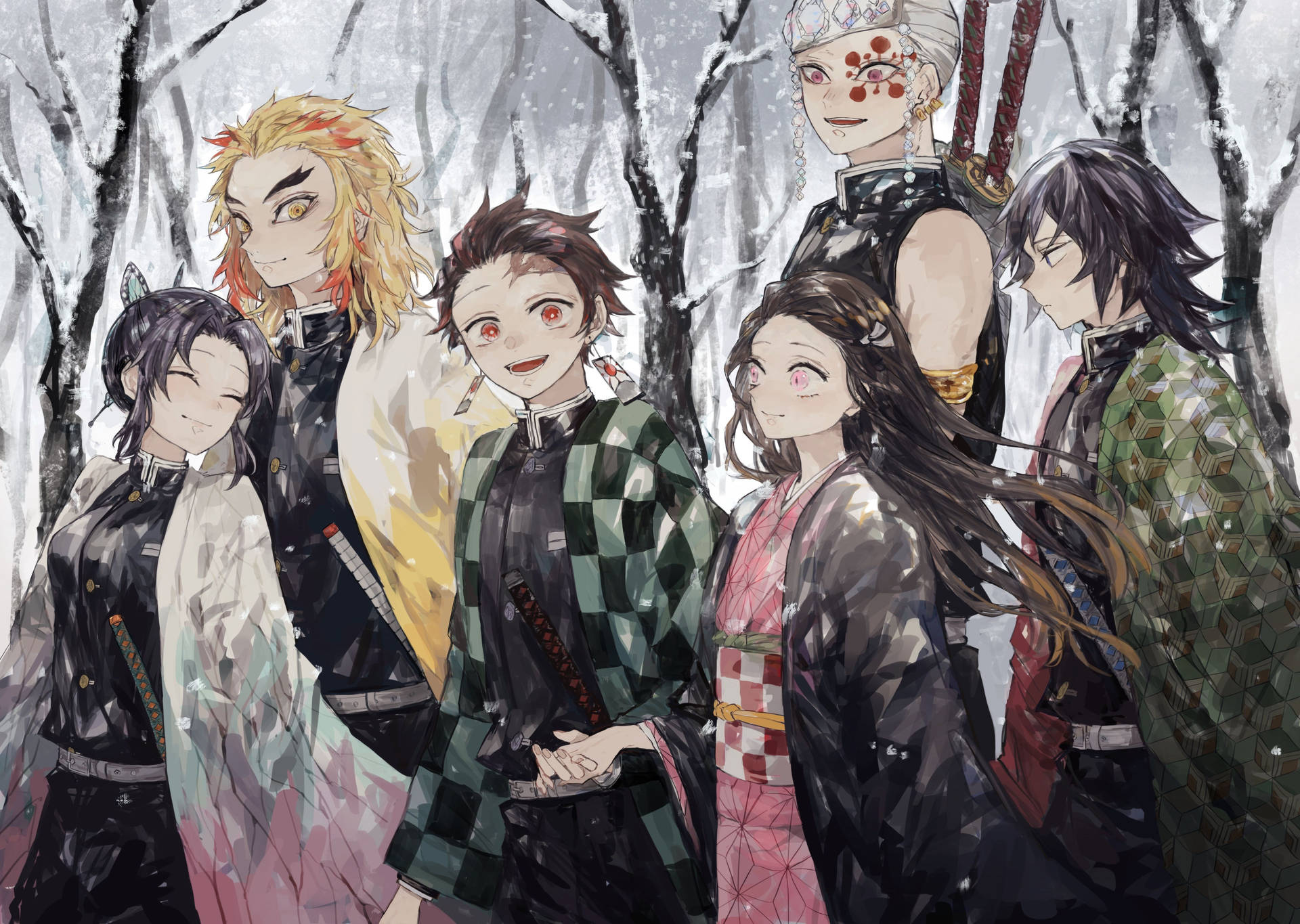 Demon Slayer-agtergrond van Kamado-sibbes wat saam met die Hashiras in sneeubos loop. — Demon slayer 4K GIF Muurpapier