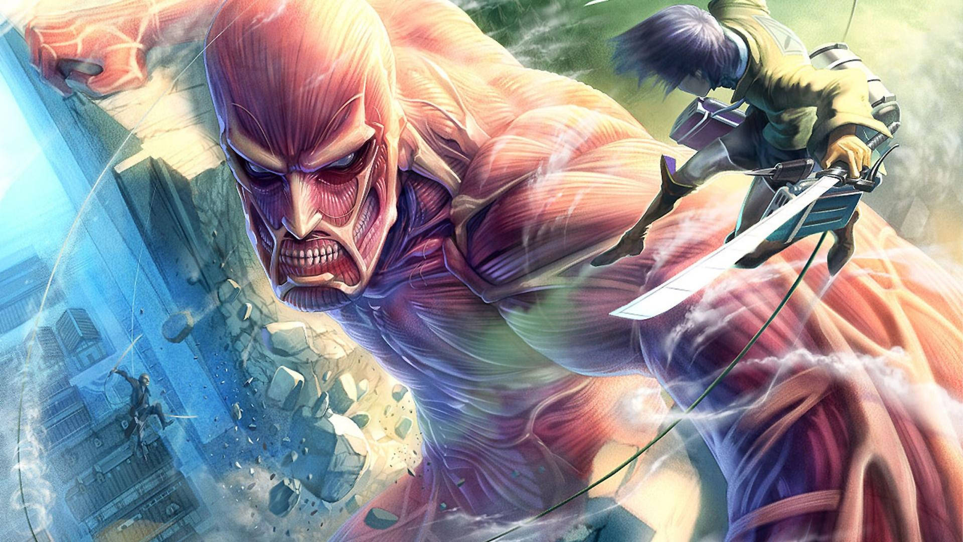 Kwaai Kolossale Titaan wat met Eren by Muur Maria veg in Attack on Titan aanhanger-kuns-agtergrond. — Attack On Titan Muurpapier
