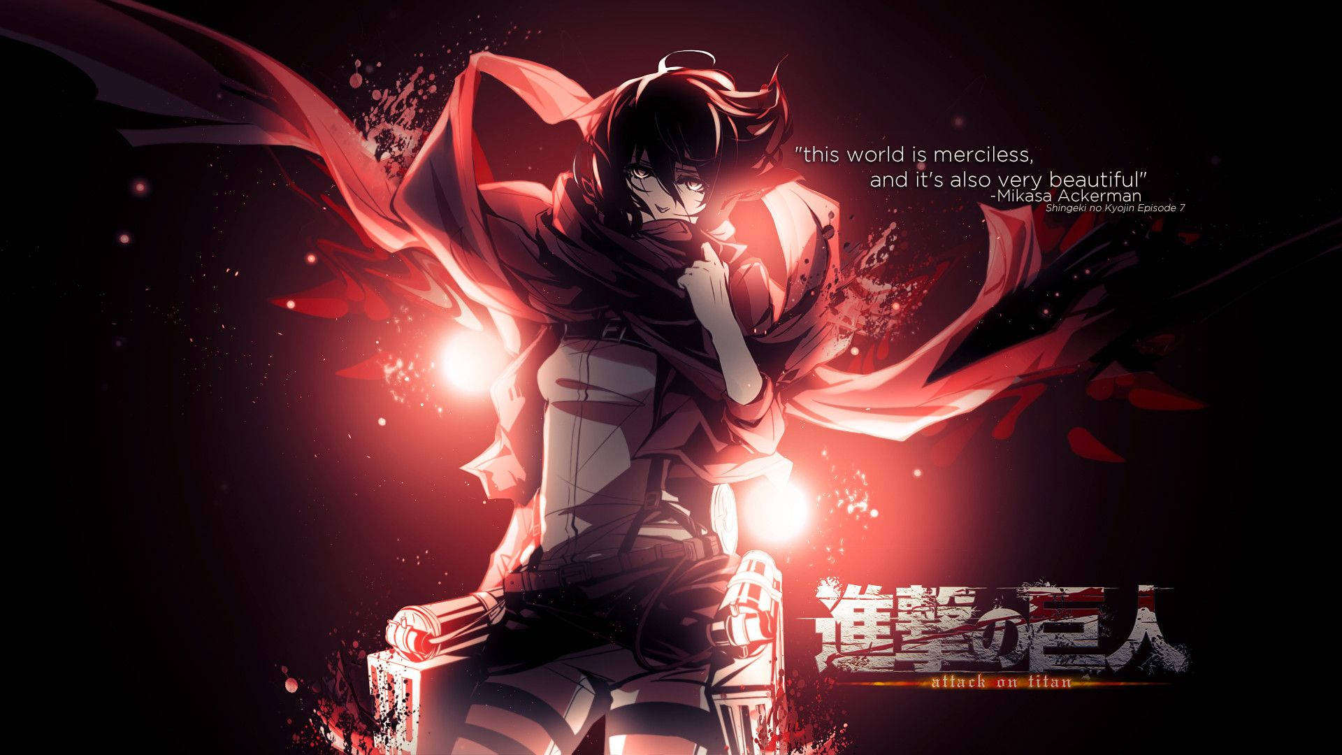 Mikasa Ackerman wat 'n rooi serp teen haar gesig hou met 'n aanhaling in Attack on Titan-agtergrond. — Attack On Titan Muurpapier