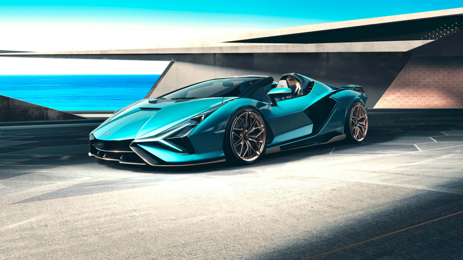 Die Lamborghini Huracan is voor 'n gebou geparkeer Muurpapier