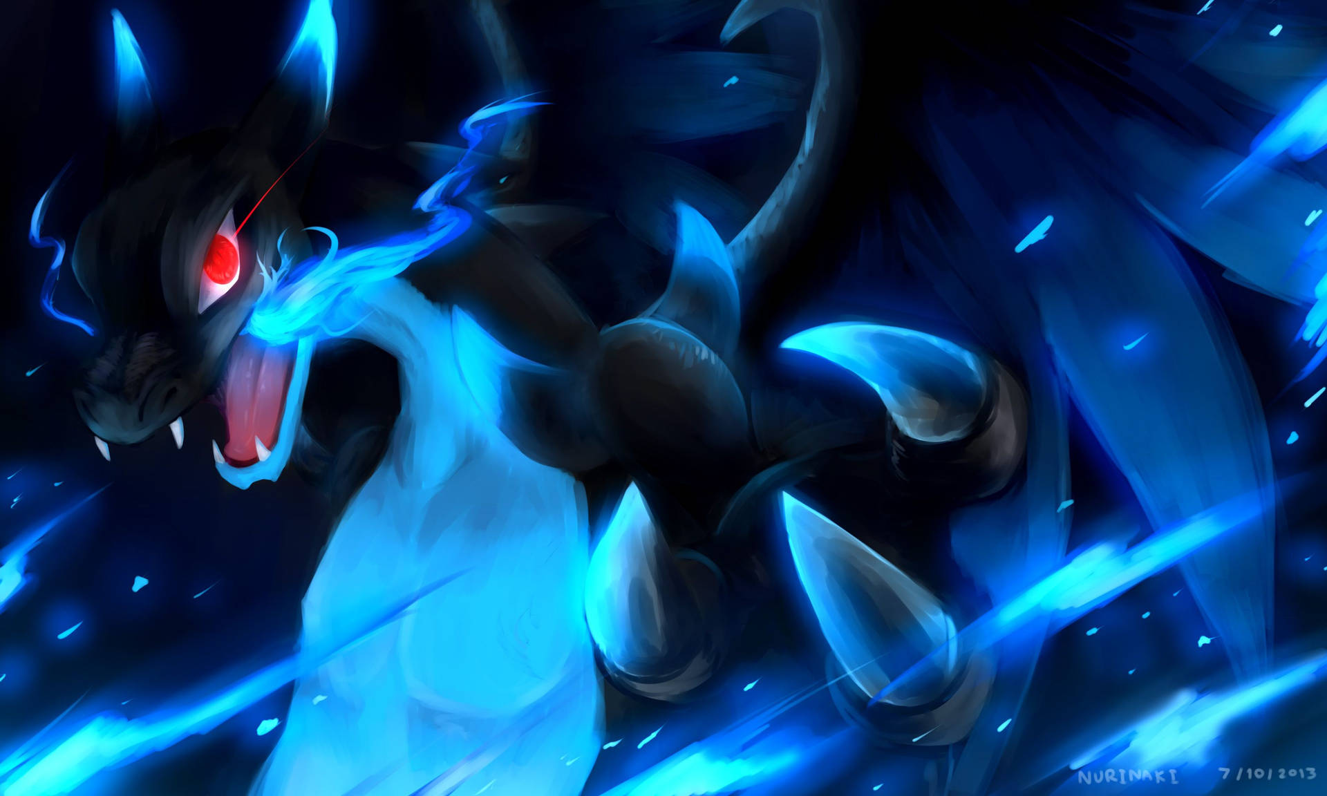 Blou mega Charizard Pokemon evolusie met rooi oë en blou vuur gereed om te baklei.
