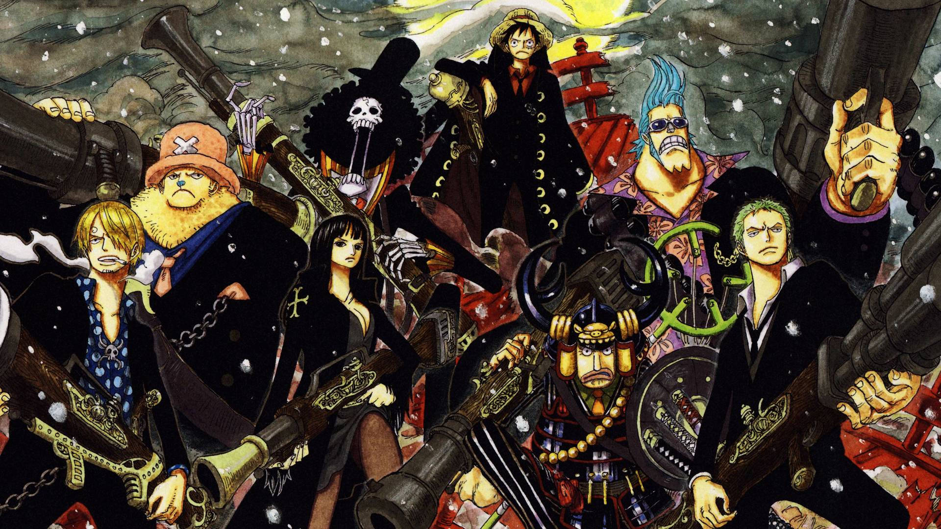 Luffy en die Strooihoed seerowerbemanning in 'n pengetekende One Piece kuns agtergrond.