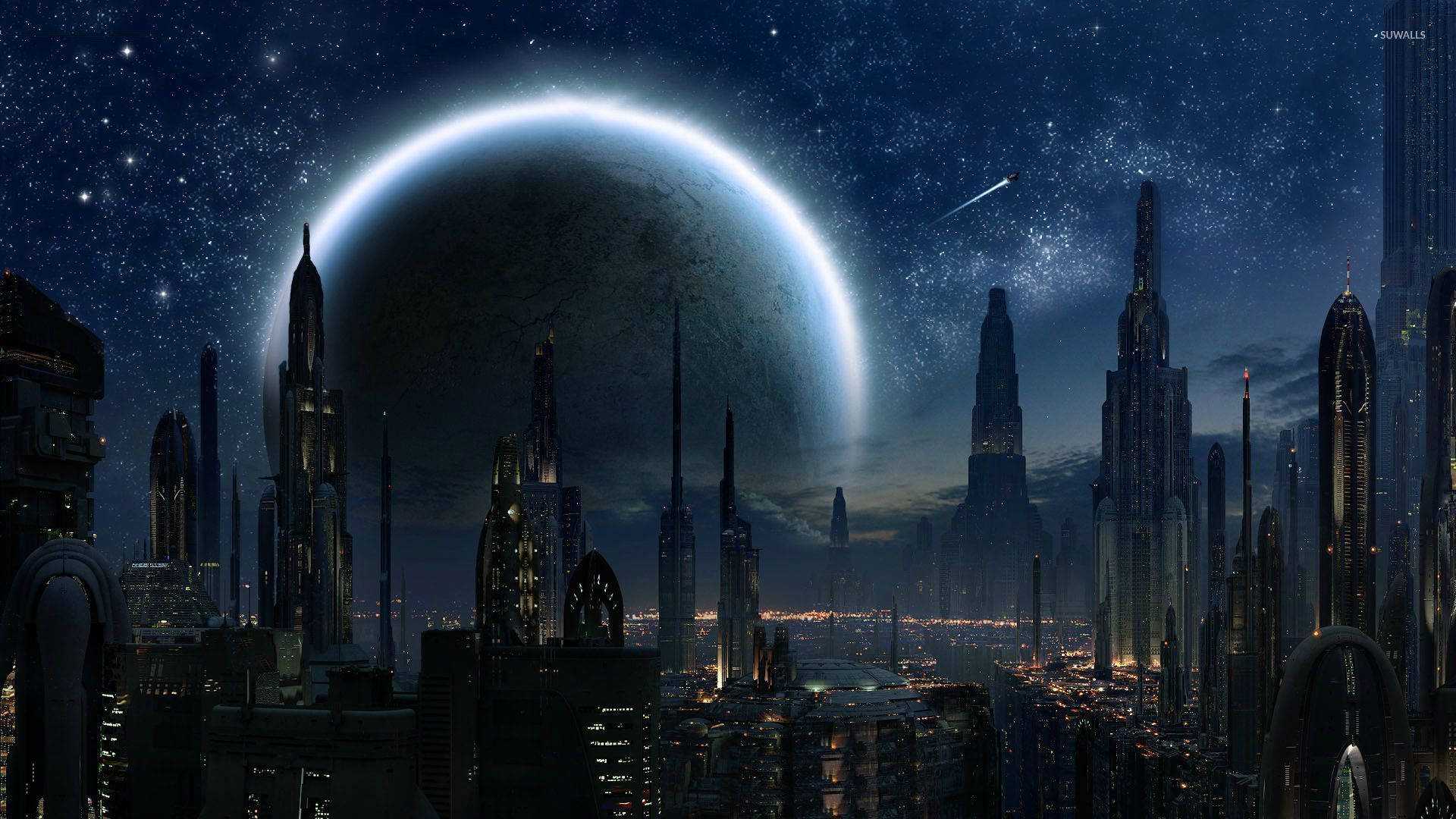Star Wars-agtergrond van hoë geboue en groot maan Coruscant in die moderne stad. — Star Wars Muurpapier