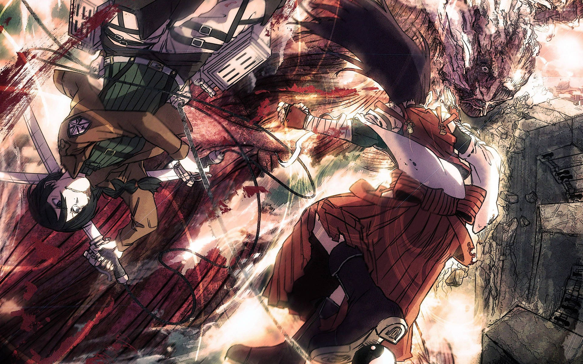Mikasa Ackerman wat die stoomuitstralende Reusetitaan beveg in Attack on Titan-kunsagtergrond. — Attack On Titan Muurpapier