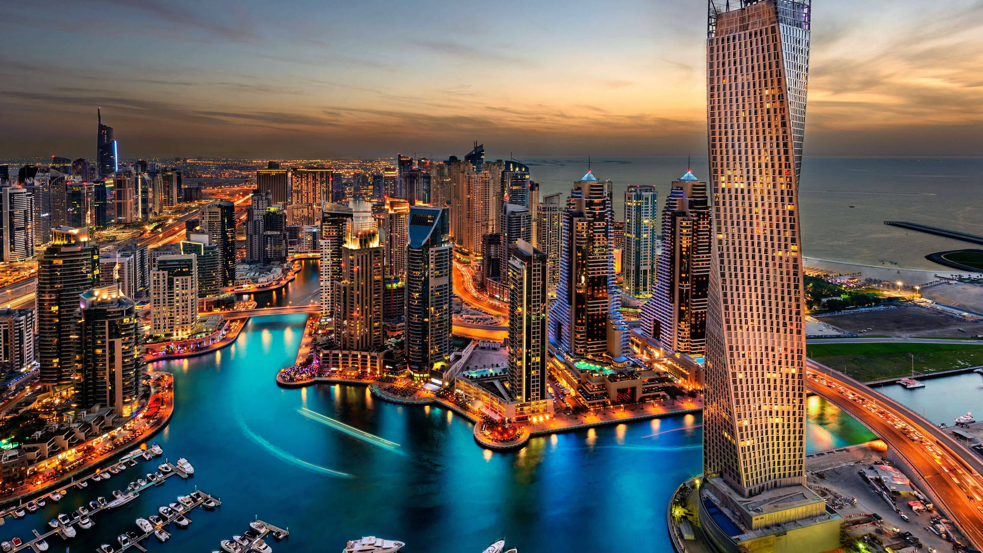 Dubai stadsligte en wolkekrabbers-agtergrond.