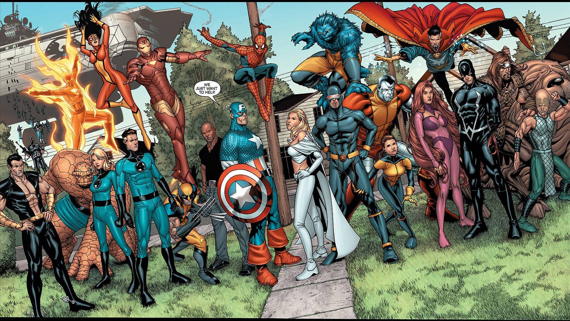 Marvel-superheldkarakters almal in een agtergrond.