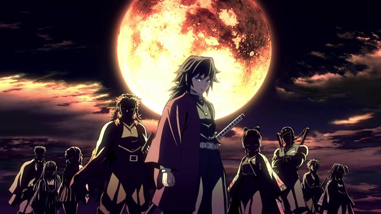 Demon Slayer-agtergrond van silhoeët van nege hashiras onder volmaan.