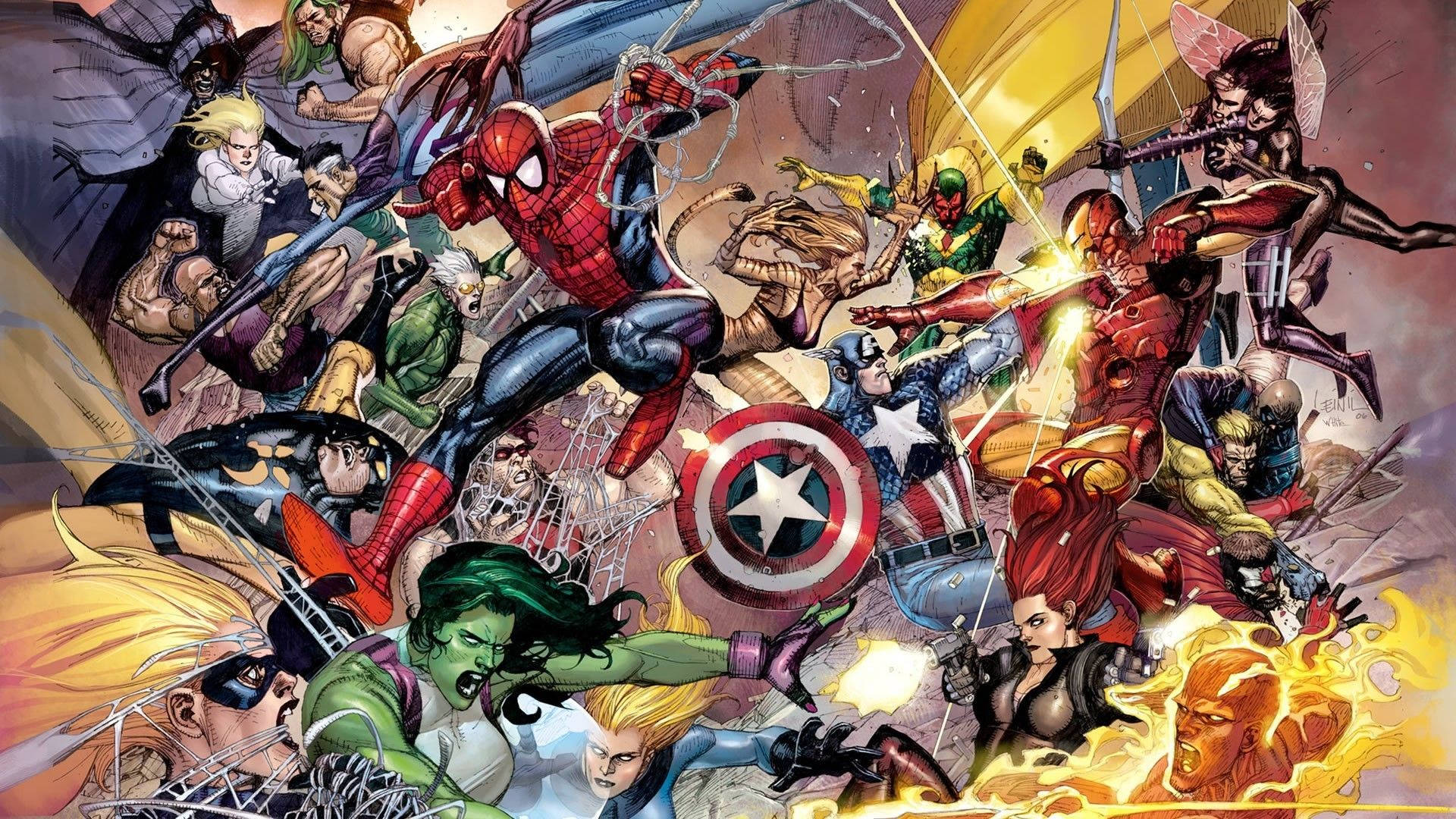 Marvel-strokiesprent superhelde oorlog met skurke.