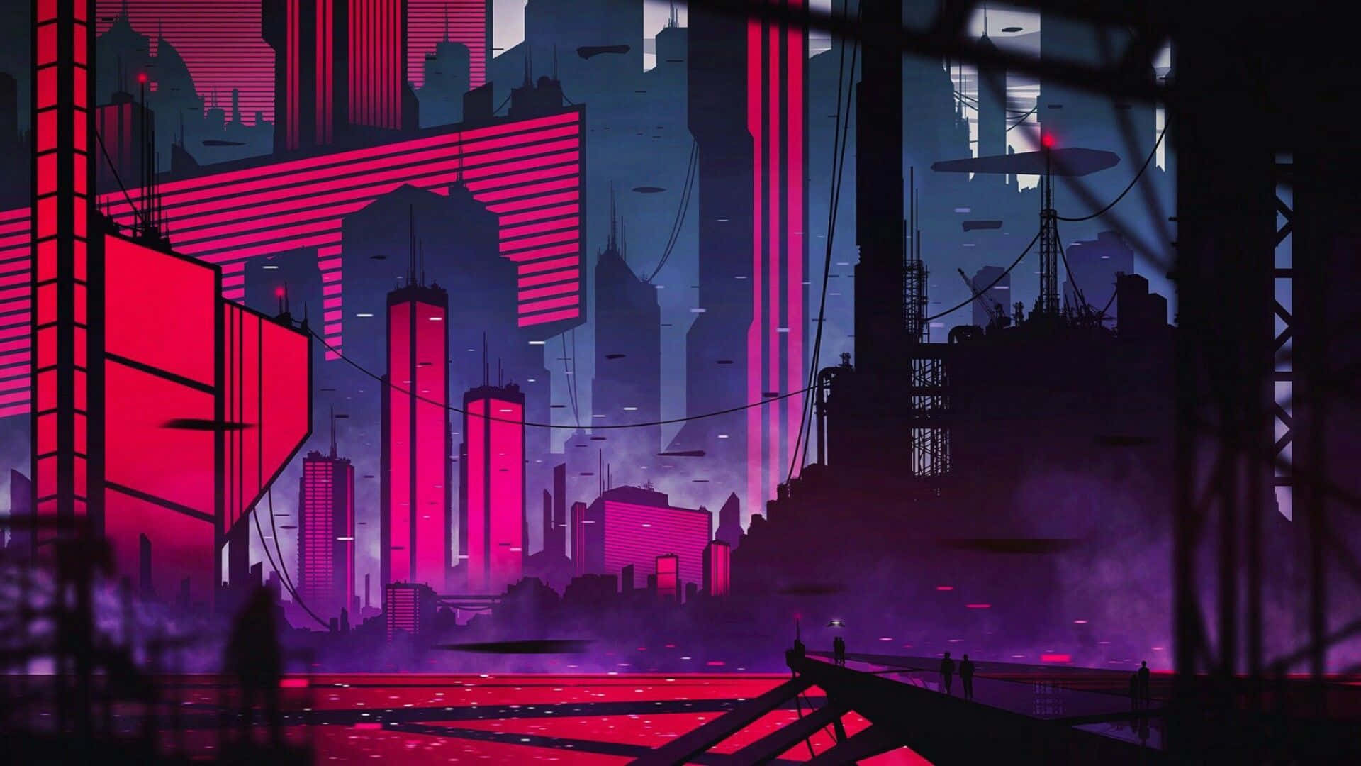 Die stad van eindelose neonligte Muurpapier