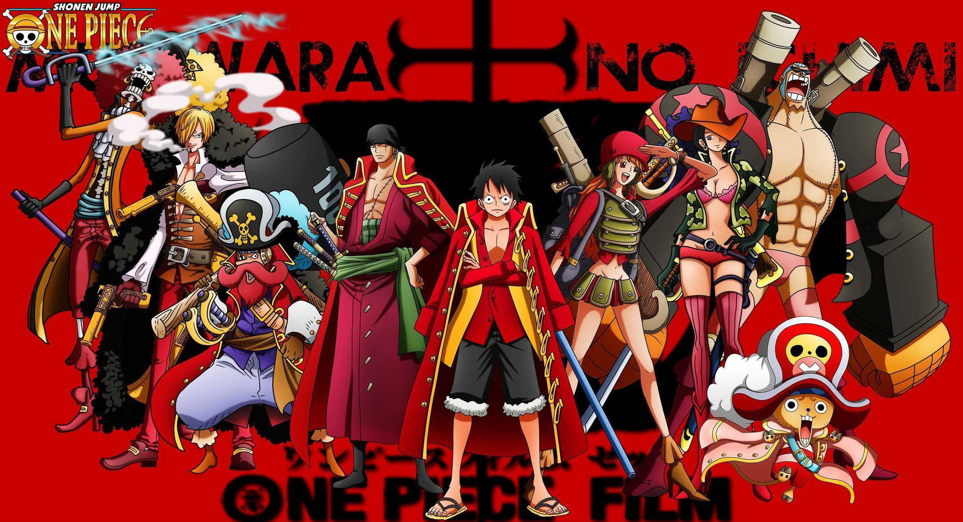 Luffy en die Strooihoed Pirate in 'n rooi en swart One Piece-agtergrond.