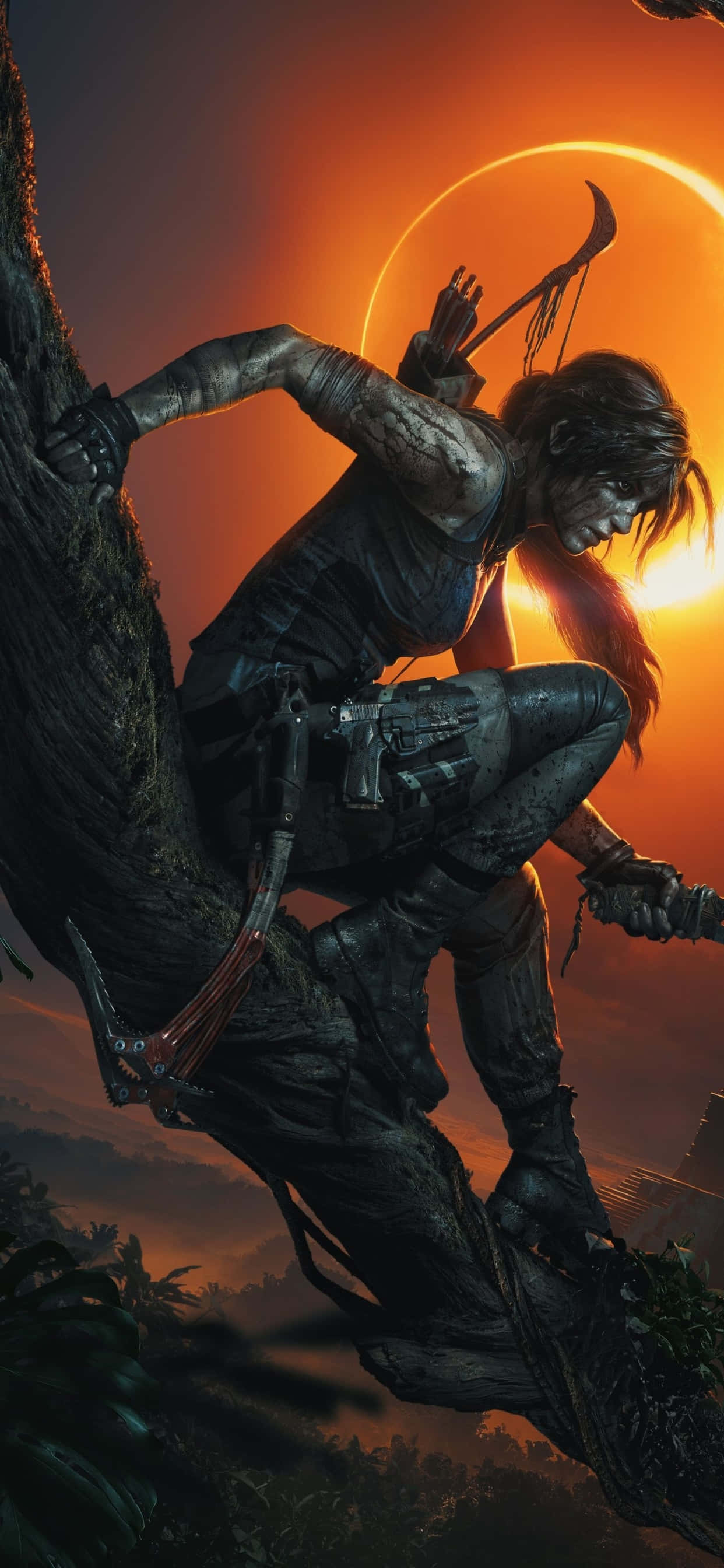 die tomb raider is in die bos met 'n son agter haar Muurpapier