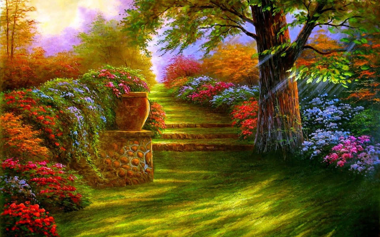 Digitale Blomtuin Goue Uur Prent Muurpapier