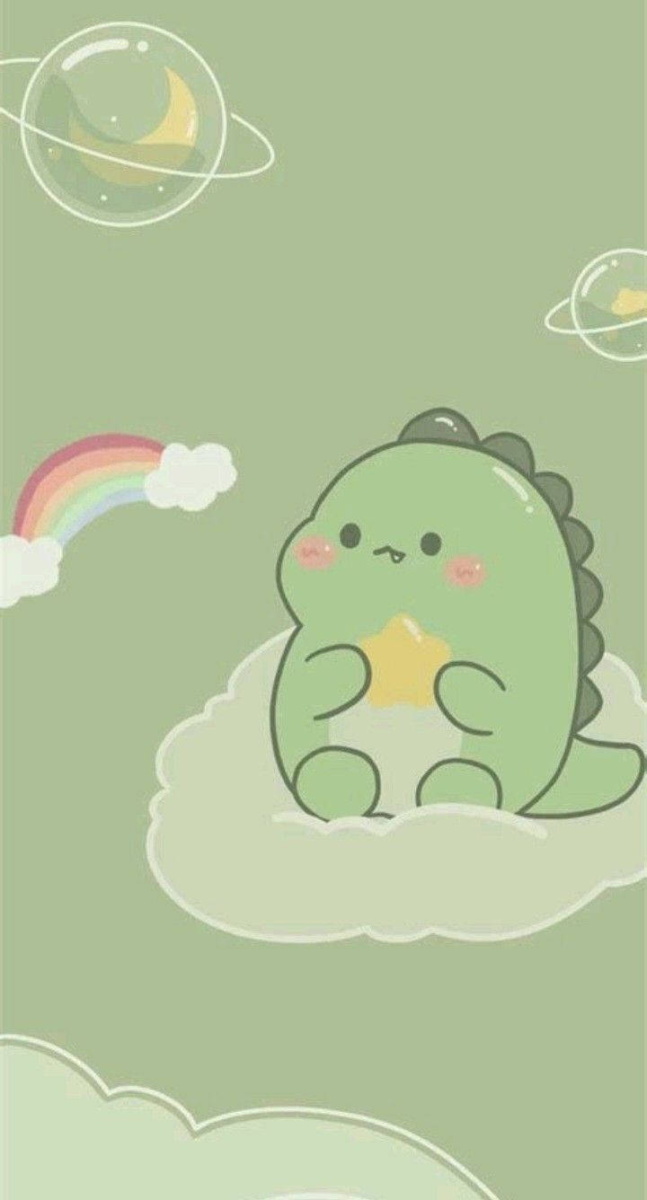Dinosourus wat op 'n wolk sit, kawaii iPhone Muurpapier