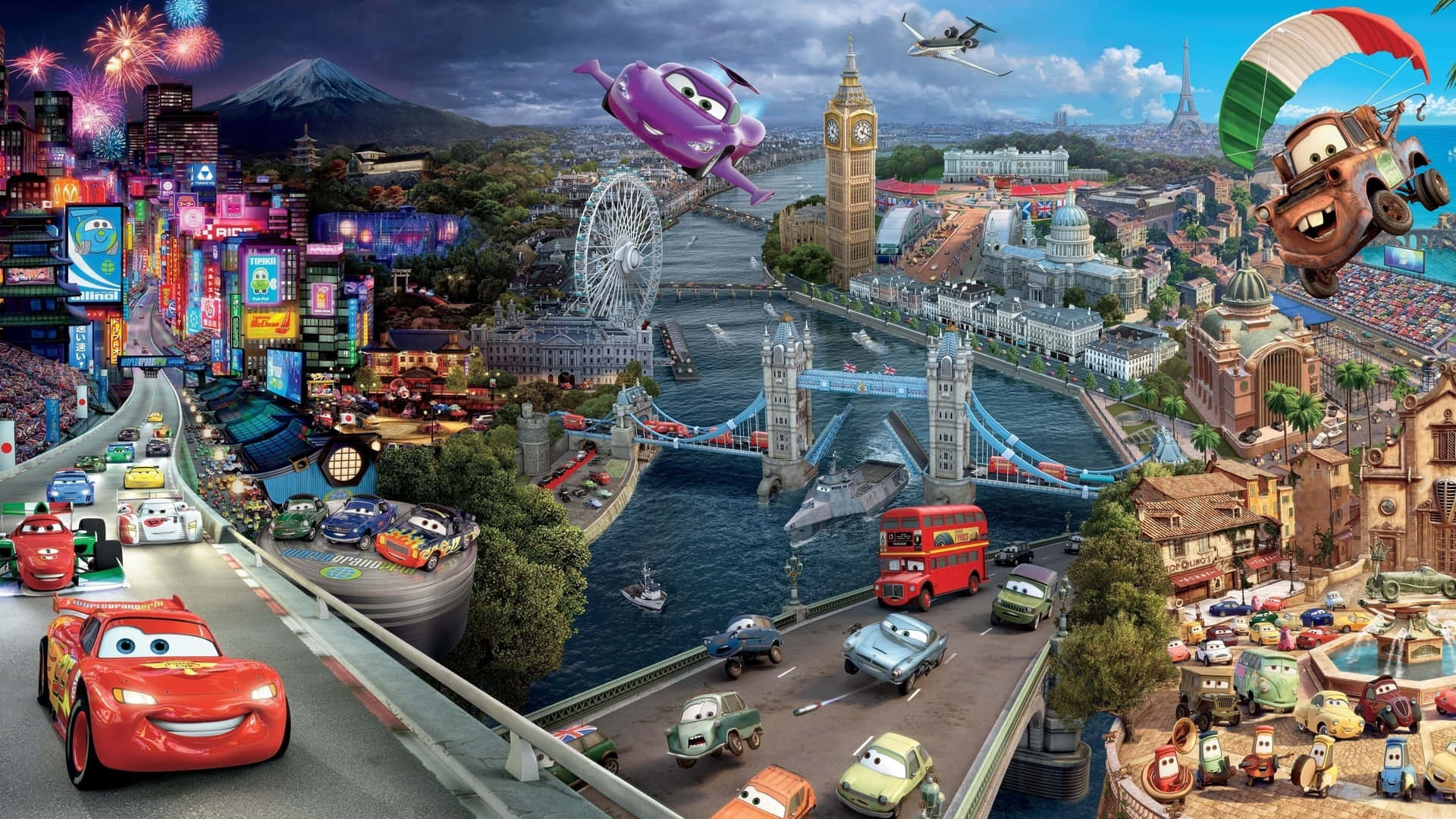 disney cars - 'n stad met baie motors wat rondvlieg Muurpapier
