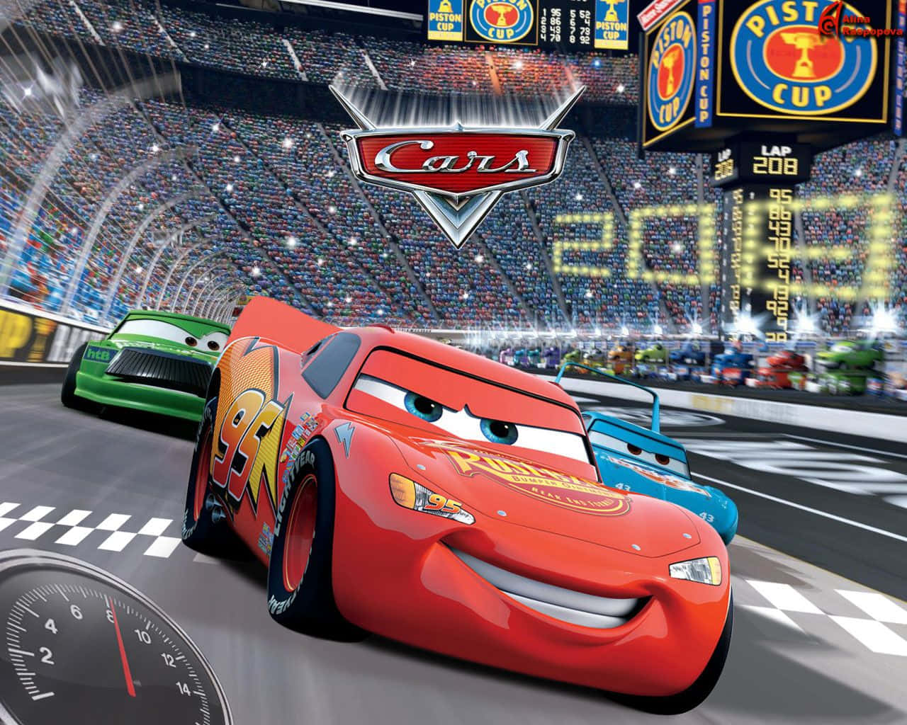 disney karre wat in 'n stadion jaag Muurpapier