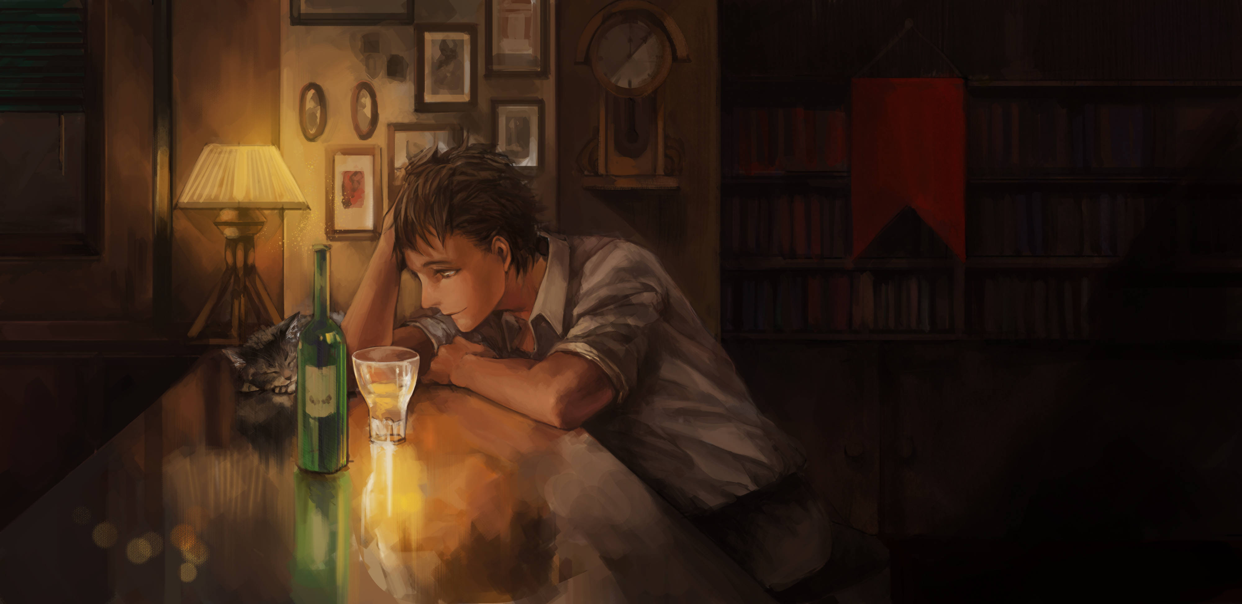 Donker Anime Man wat Drink Muurpapier