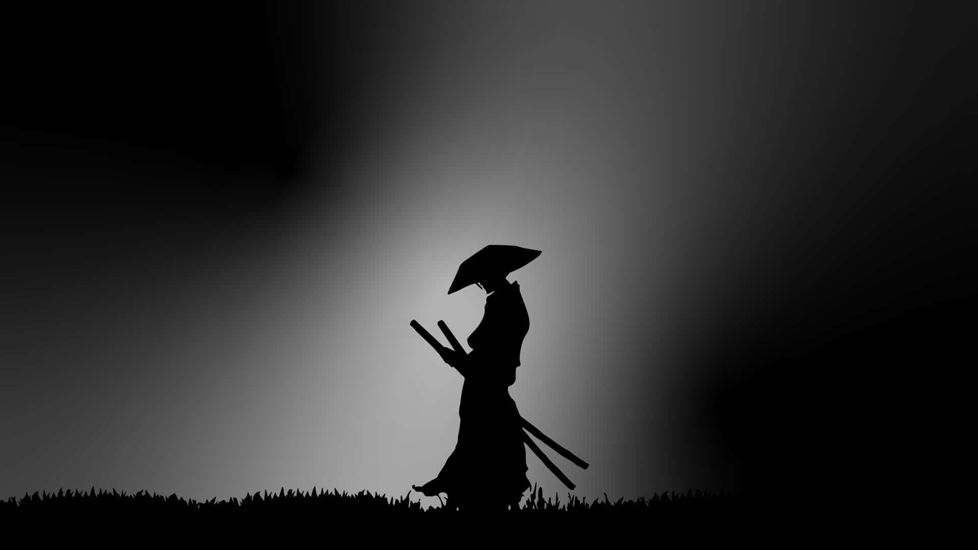 Donker Samurai Silhoeët Op Gras Muurpapier