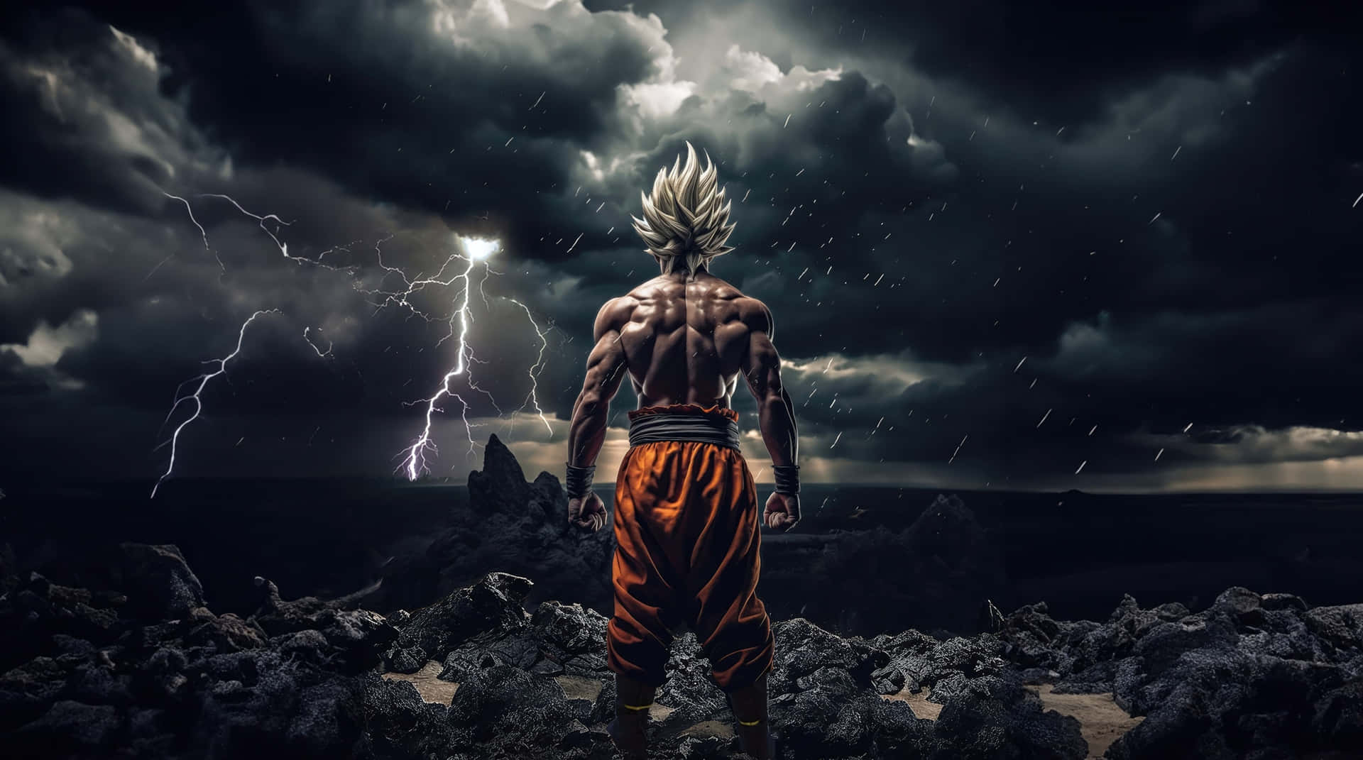Goku, Ultra Instink, Dragon Ball Super, Anime-agtergrond, Weerlig, Stormagtig, Donker estetika, 4K-agtergrond, KI-kuns — Donker estetiese GIF Muurpapier