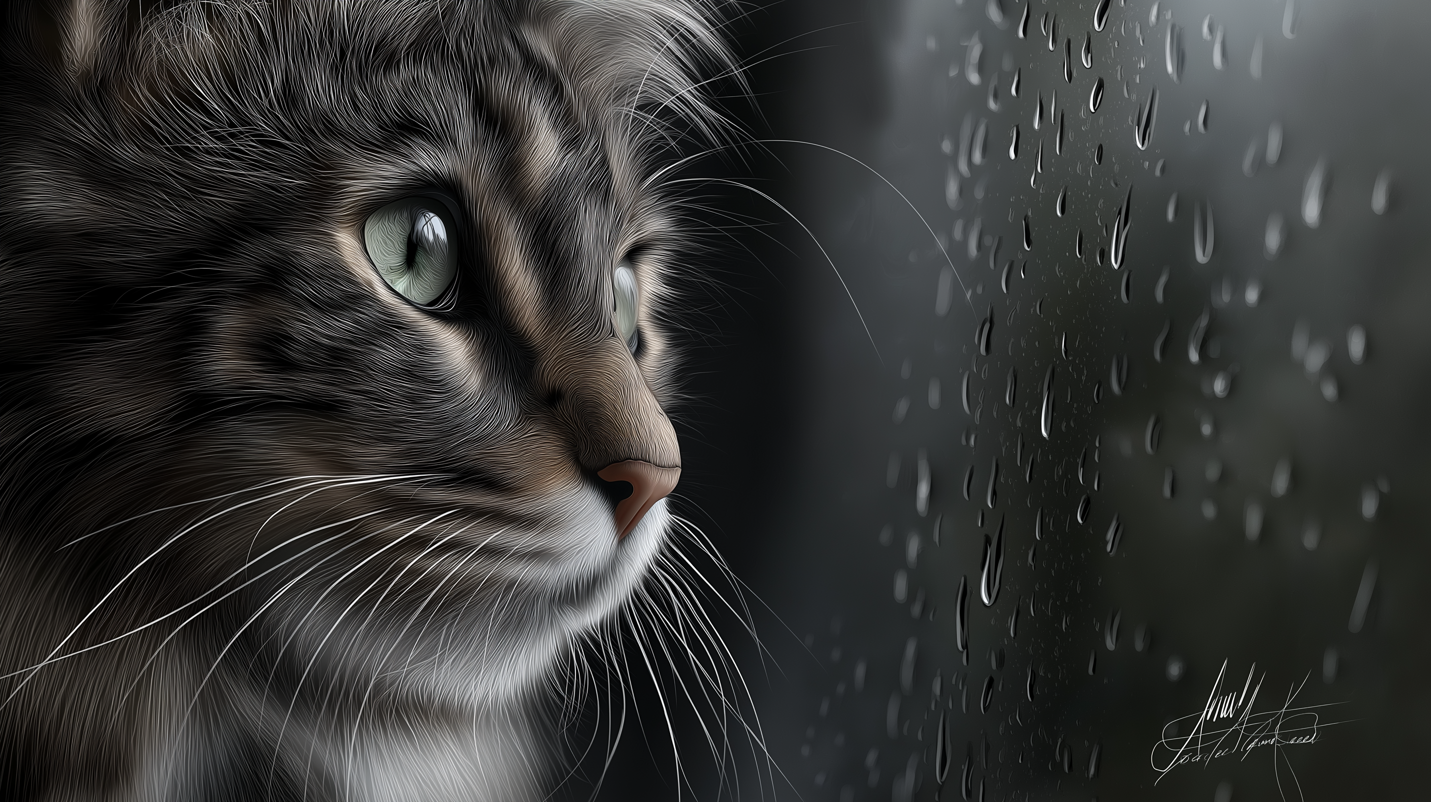 Donsige Kat wat by Reënerige Venster Uitkyk Muurpapier
