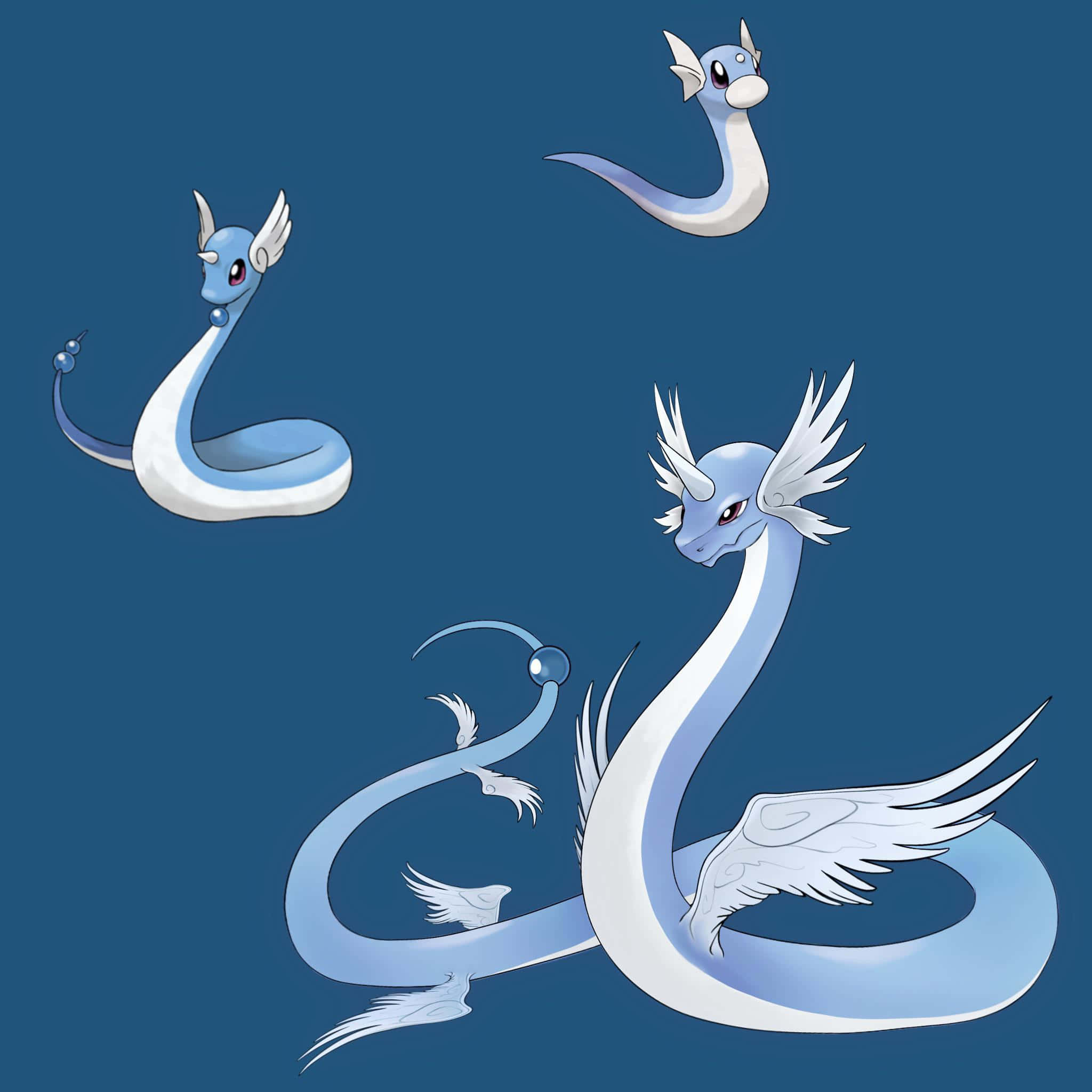 Dragonair en Dratini Illustrasie Blou Agtergrond Muurpapier