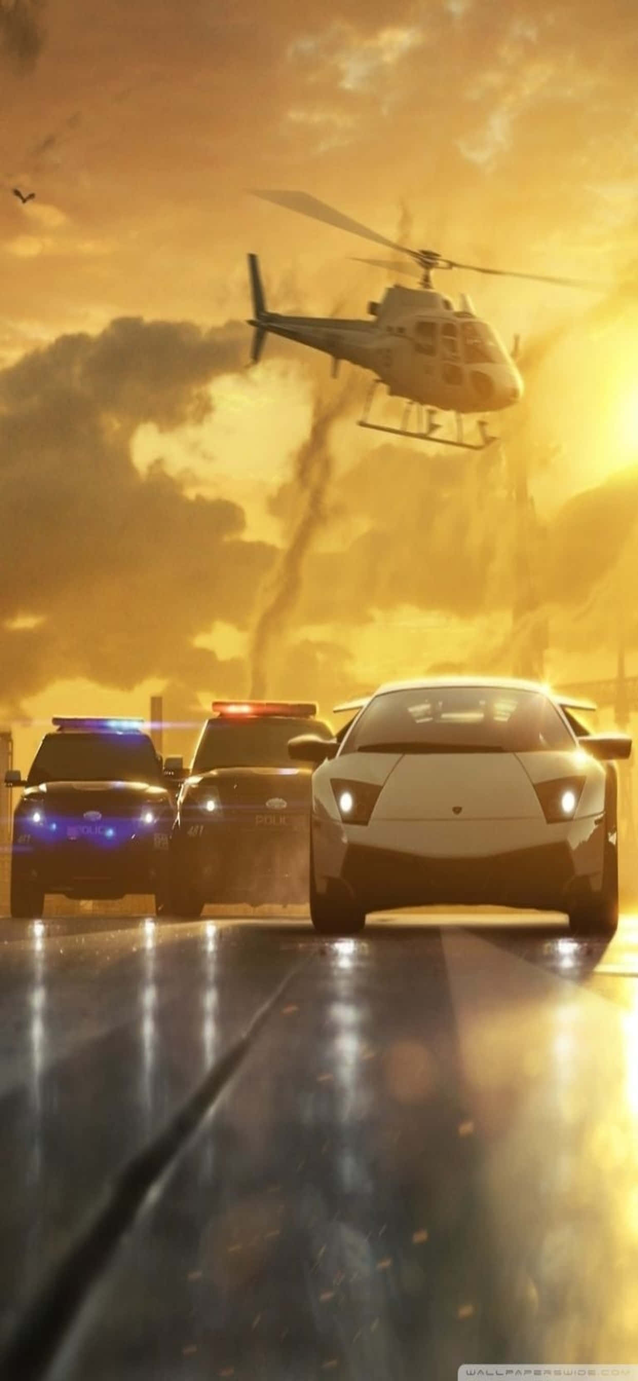Dramatiese Need for Speed Heat-speletjie-agtergrond vertoon op iPhone XS Max Muurpapier