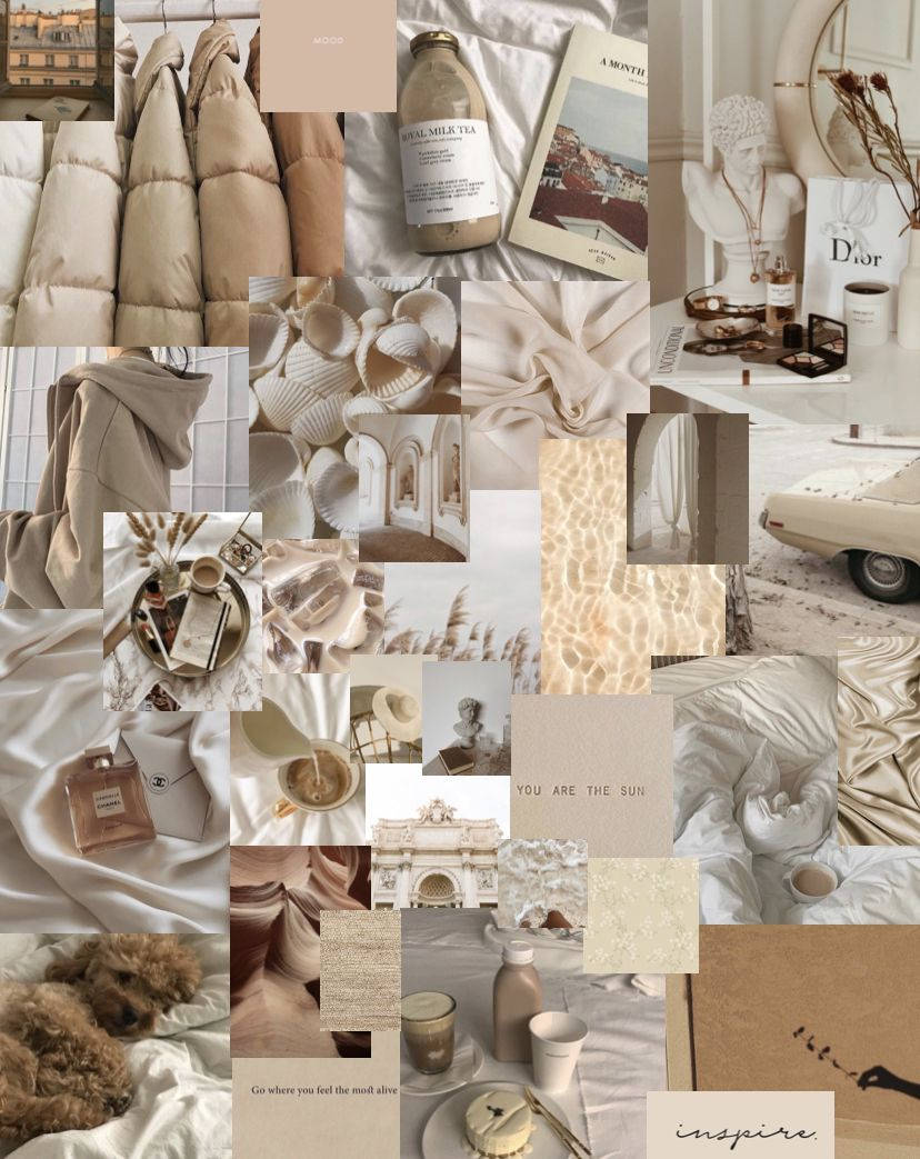 Drankies Beige Estetiese Collage Muurpapier