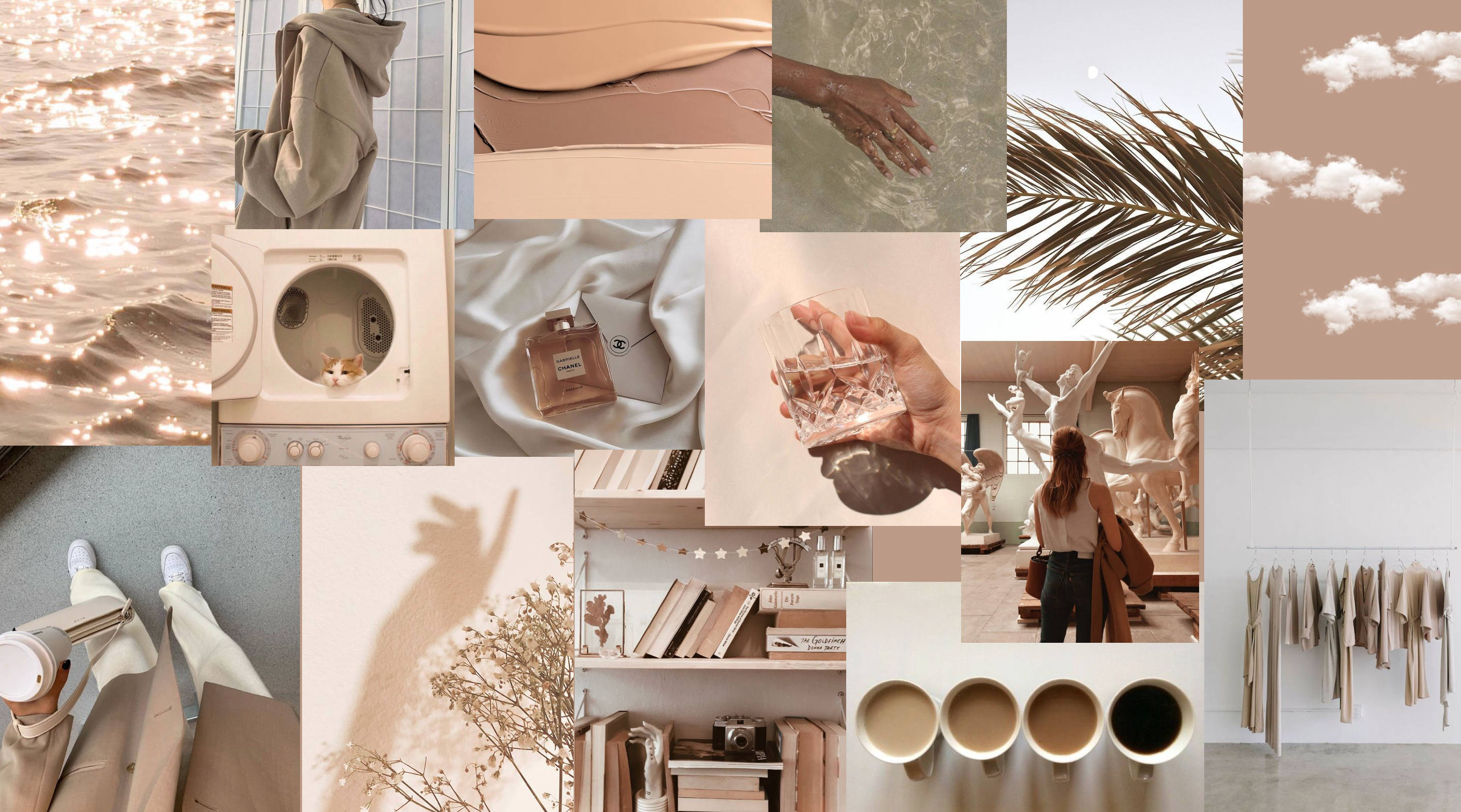Drankies en Natuur Beige Estetiese Collage Muurpapier