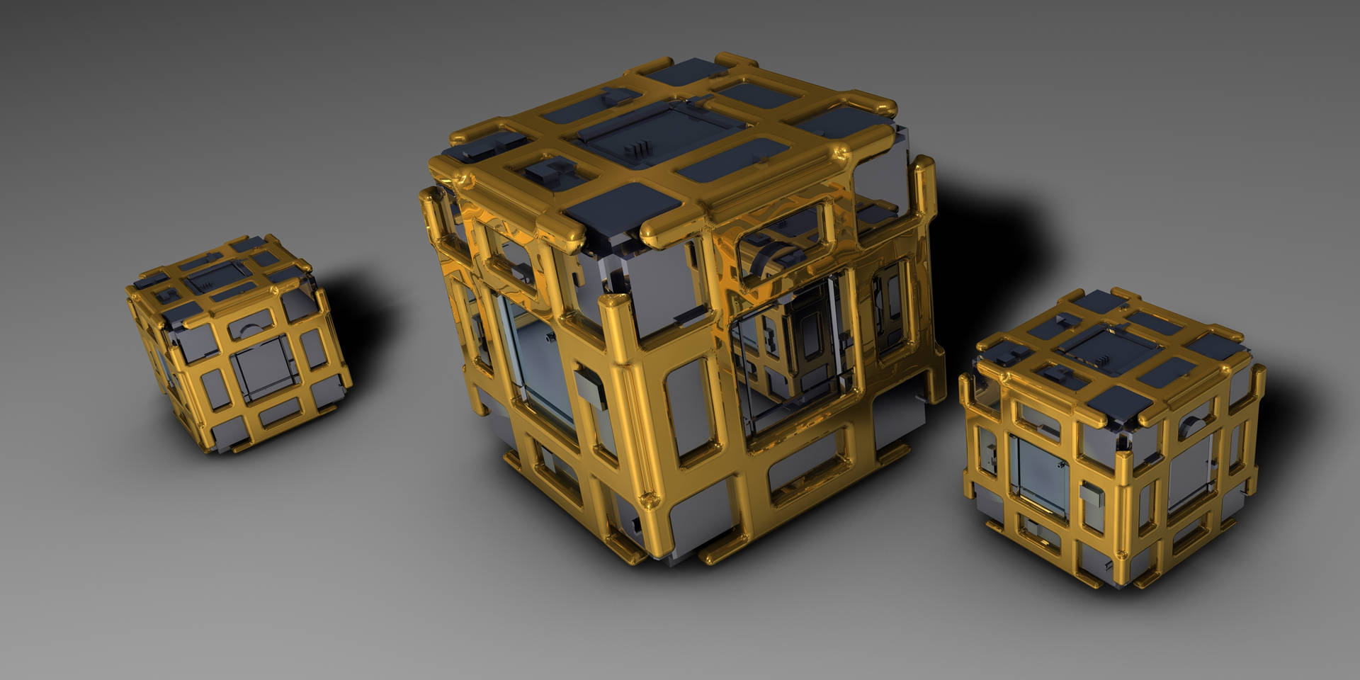 Drie 3D grys blokkies met goue aksent ontwerp agtergrond