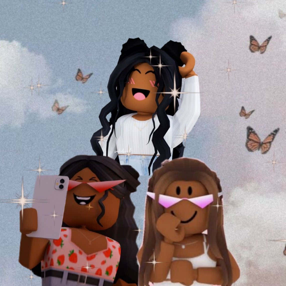 Drie Meisies Roblox met Skoenlappers Prent Muurpapier