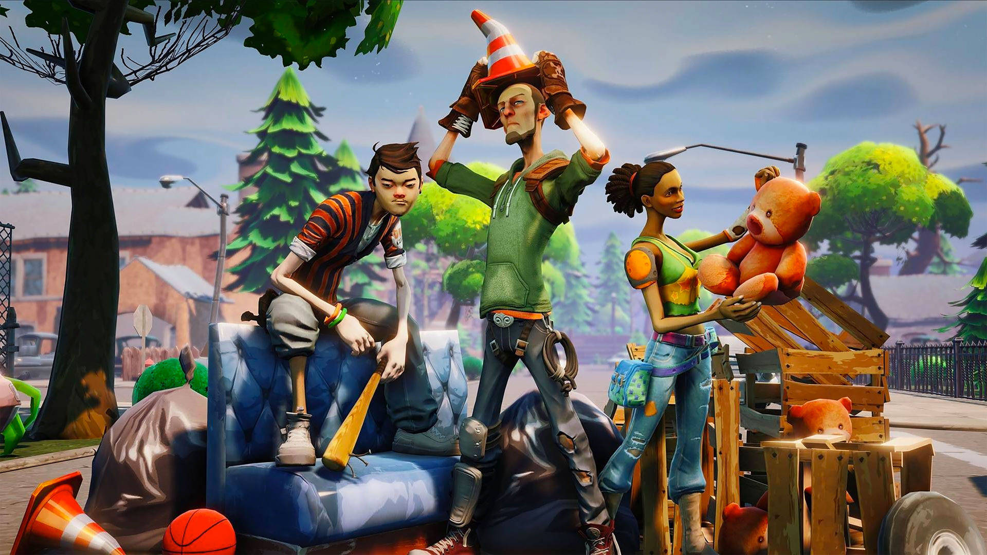 Drie Karakters van Fortnite wat in die strate poseer HD-agtergrond.