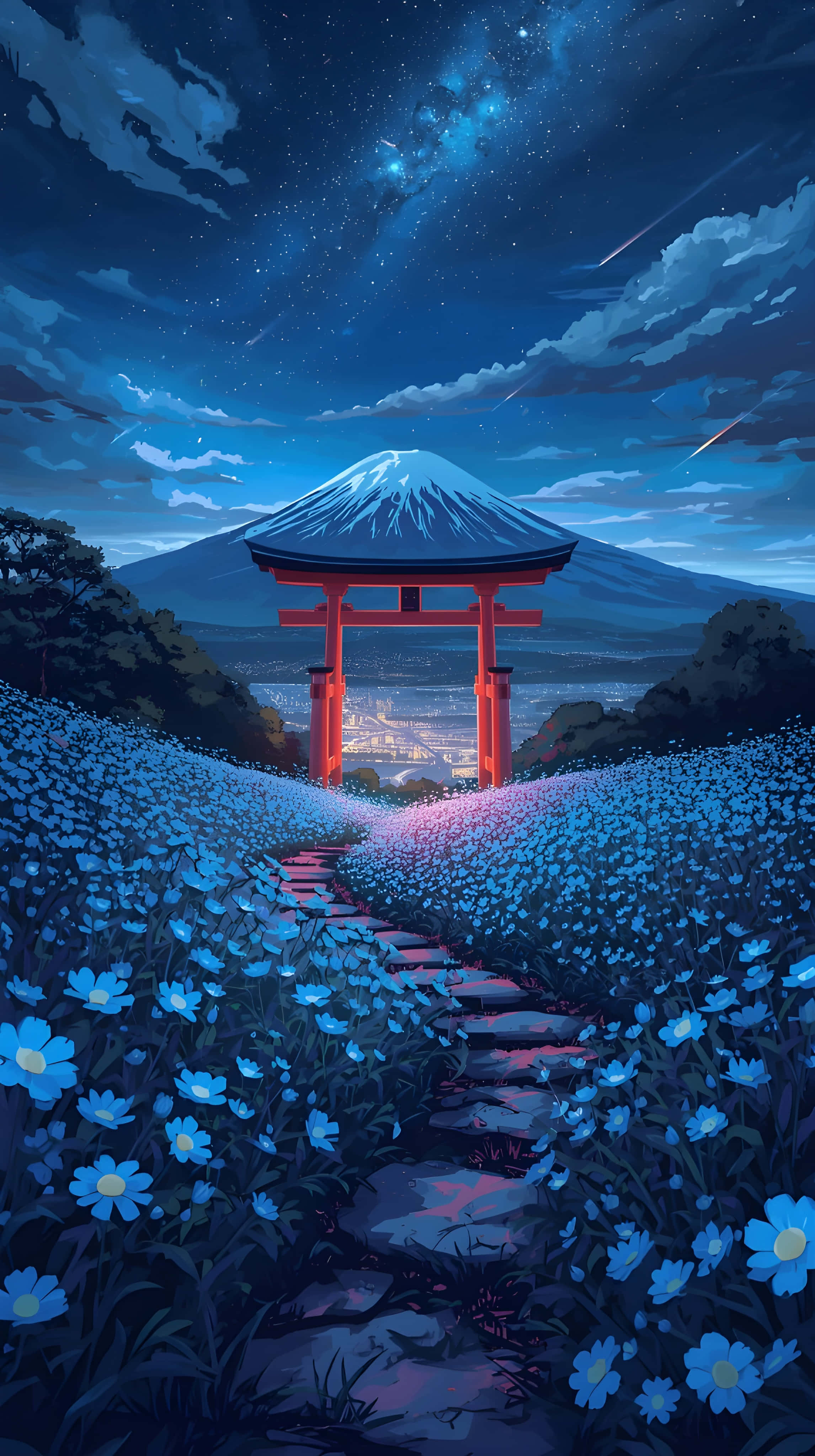 Dromerige Naghemel oor Berg Fuji en Blou Blomme Muurpapier