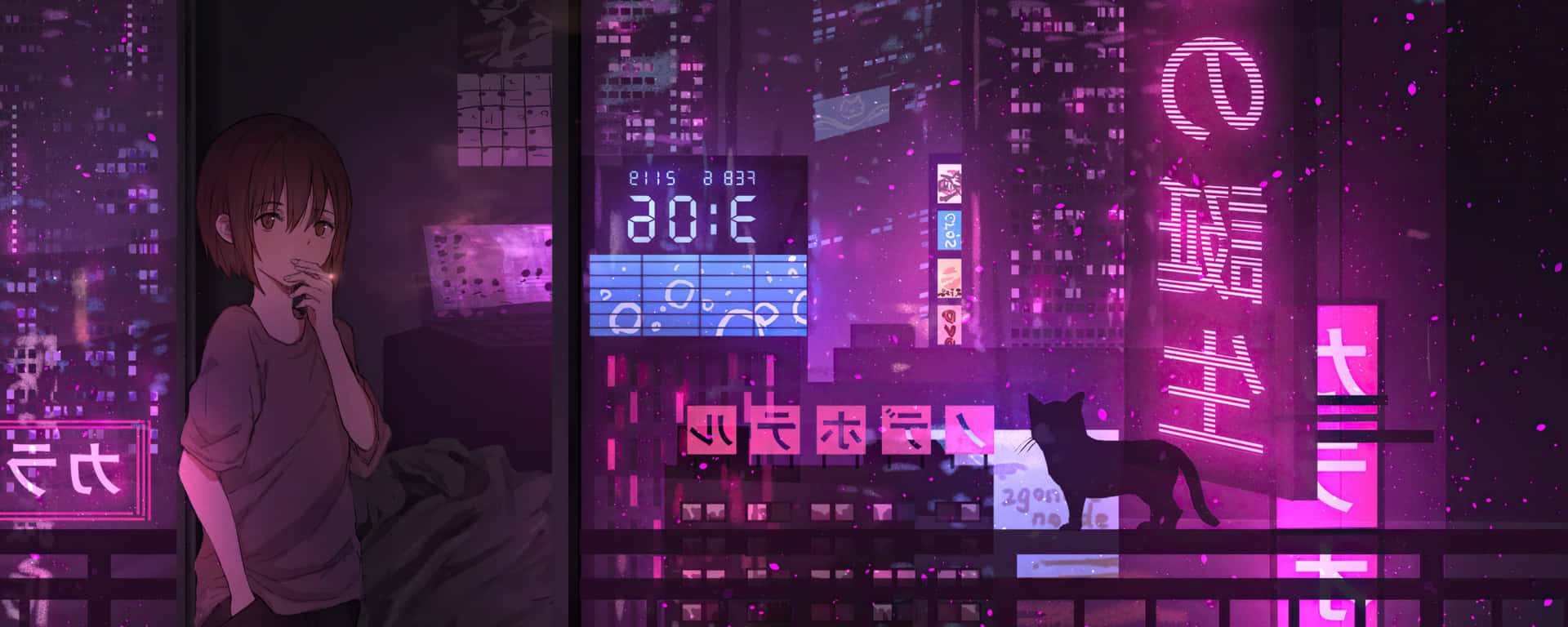 Dubbele Monitor Anime Meisie Rook Cyberpunk Stadligte