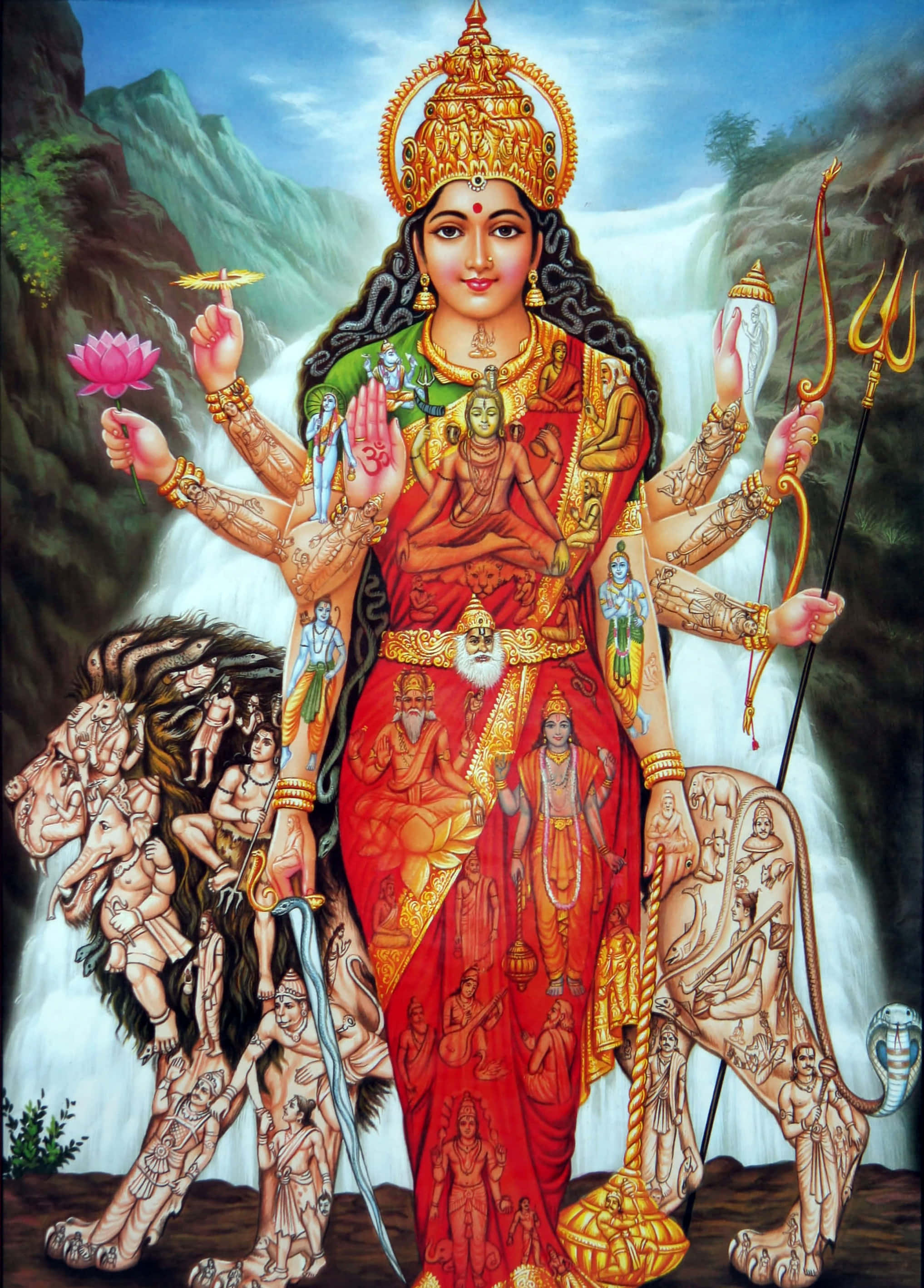 Durga Maa Met Waterval Prentjie Muurpapier