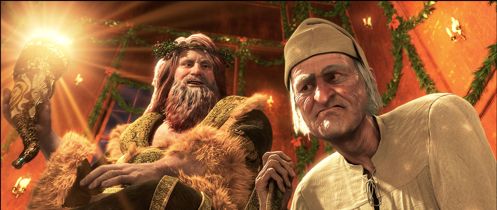 Ebenezer Scrooge ontmoet die Gees van Kersfees Verlede in 'n toneel uit A Christmas Carol. Muurpapier