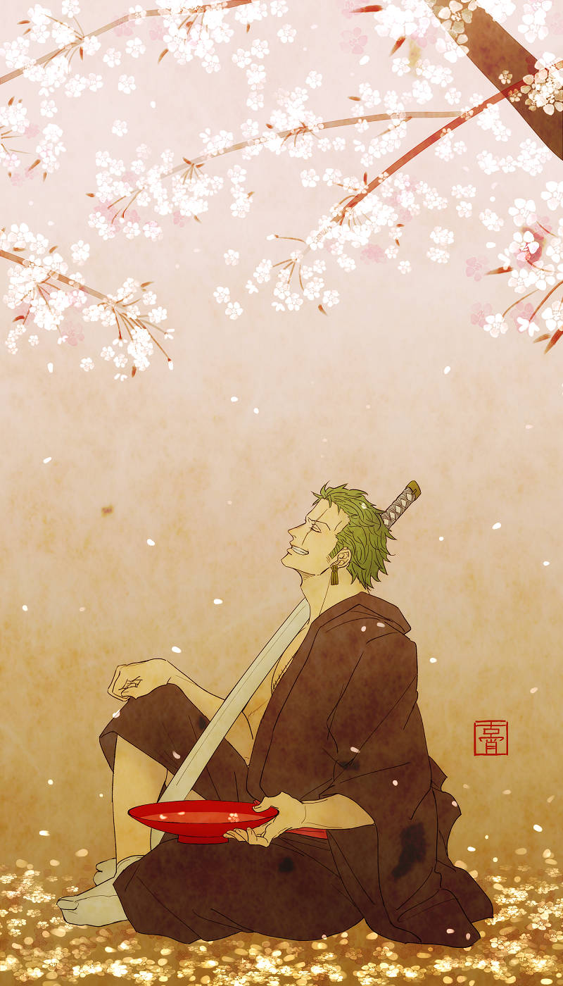 Een Stuk Foon Zoro onder Sakuraboom Muurpapier
