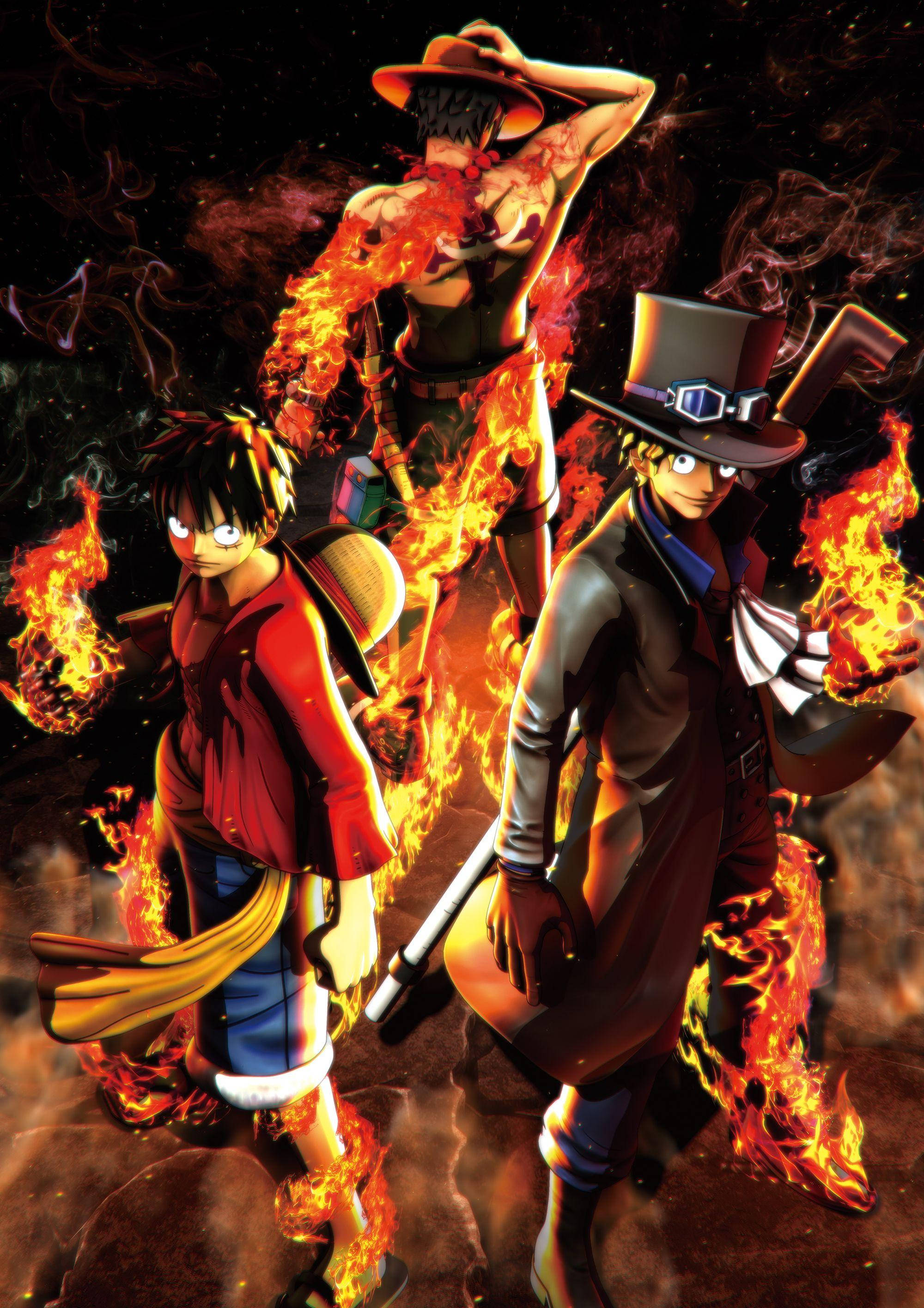 Een Stuk Lewend Luffy saam met Ace en Sabo Muurpapier