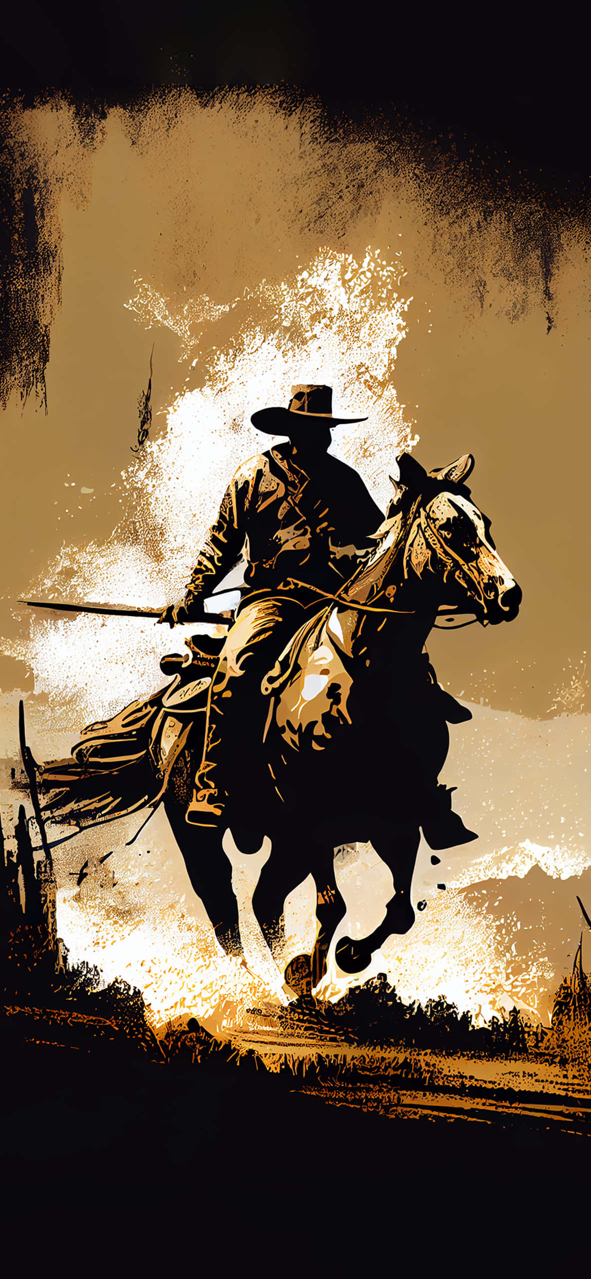 Eensame Cowboy te midde van 'n Sonsondergang Landskap Muurpapier