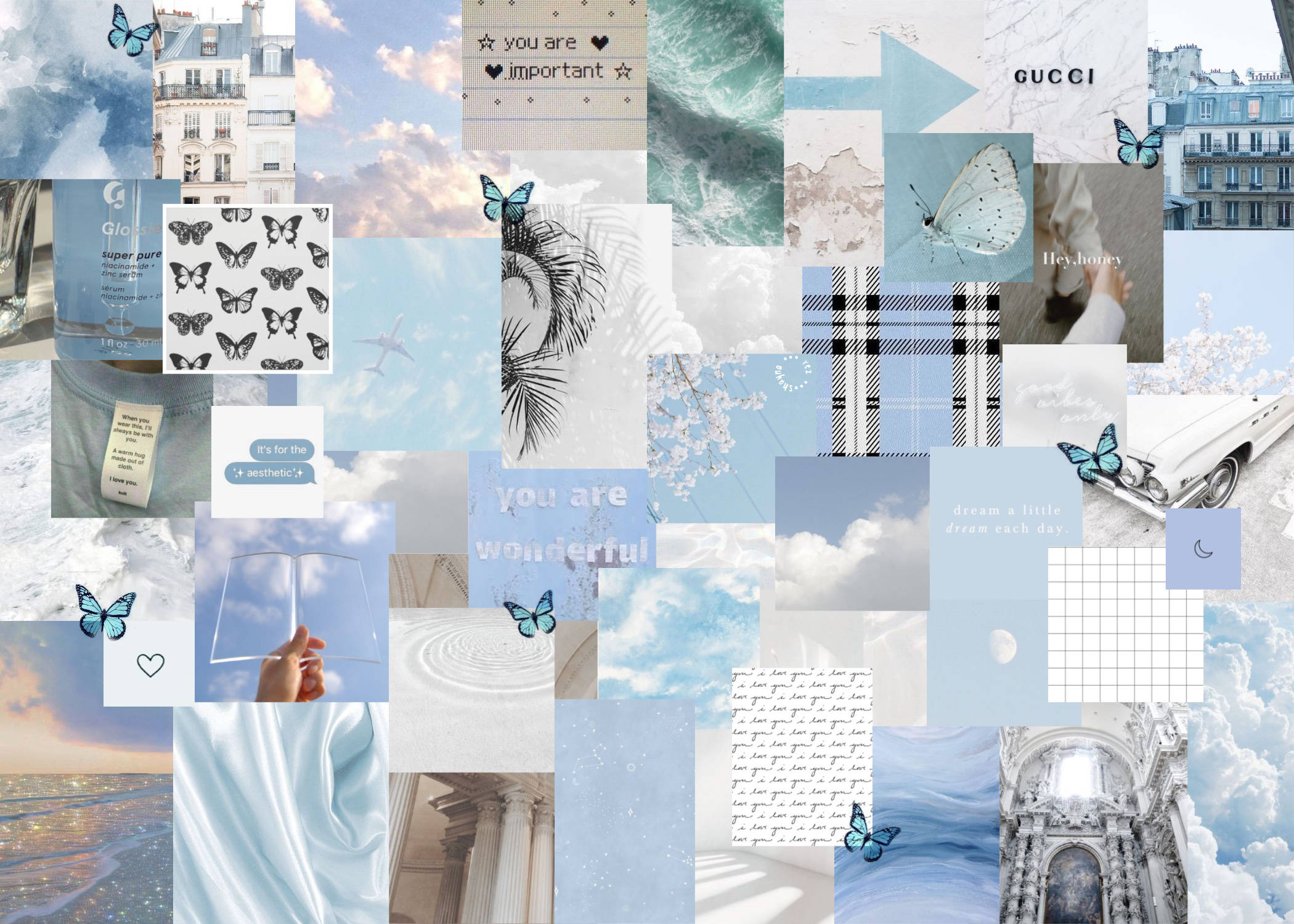 Eenvoudige Blou Estetiese Collage Bydrae Muurpapier