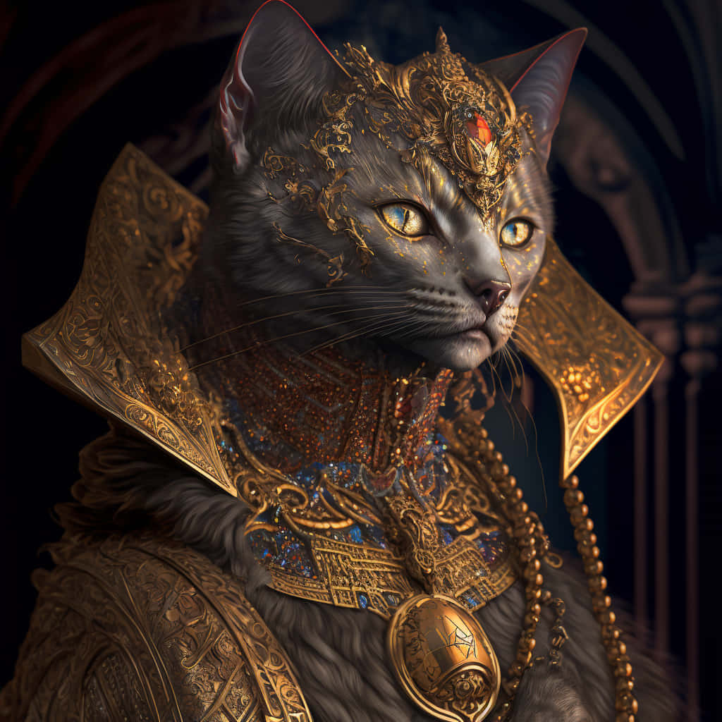 Egiptiese Kat met Goue Juwele Prent Muurpapier
