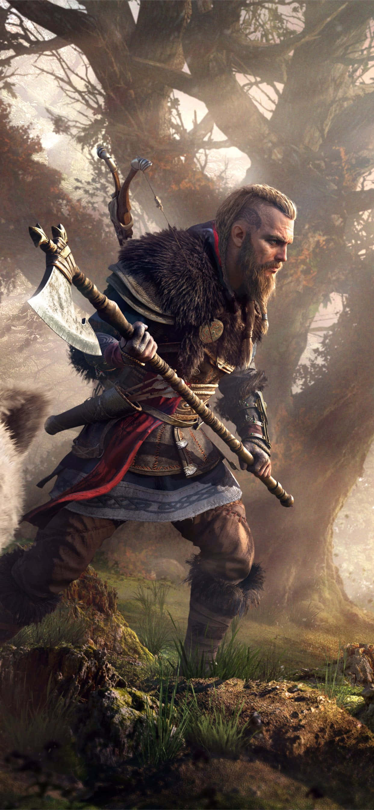 Eivor met Byl Agtergrond vir iPhone Xs Max Assassin's Creed Valhalla Muurpapier