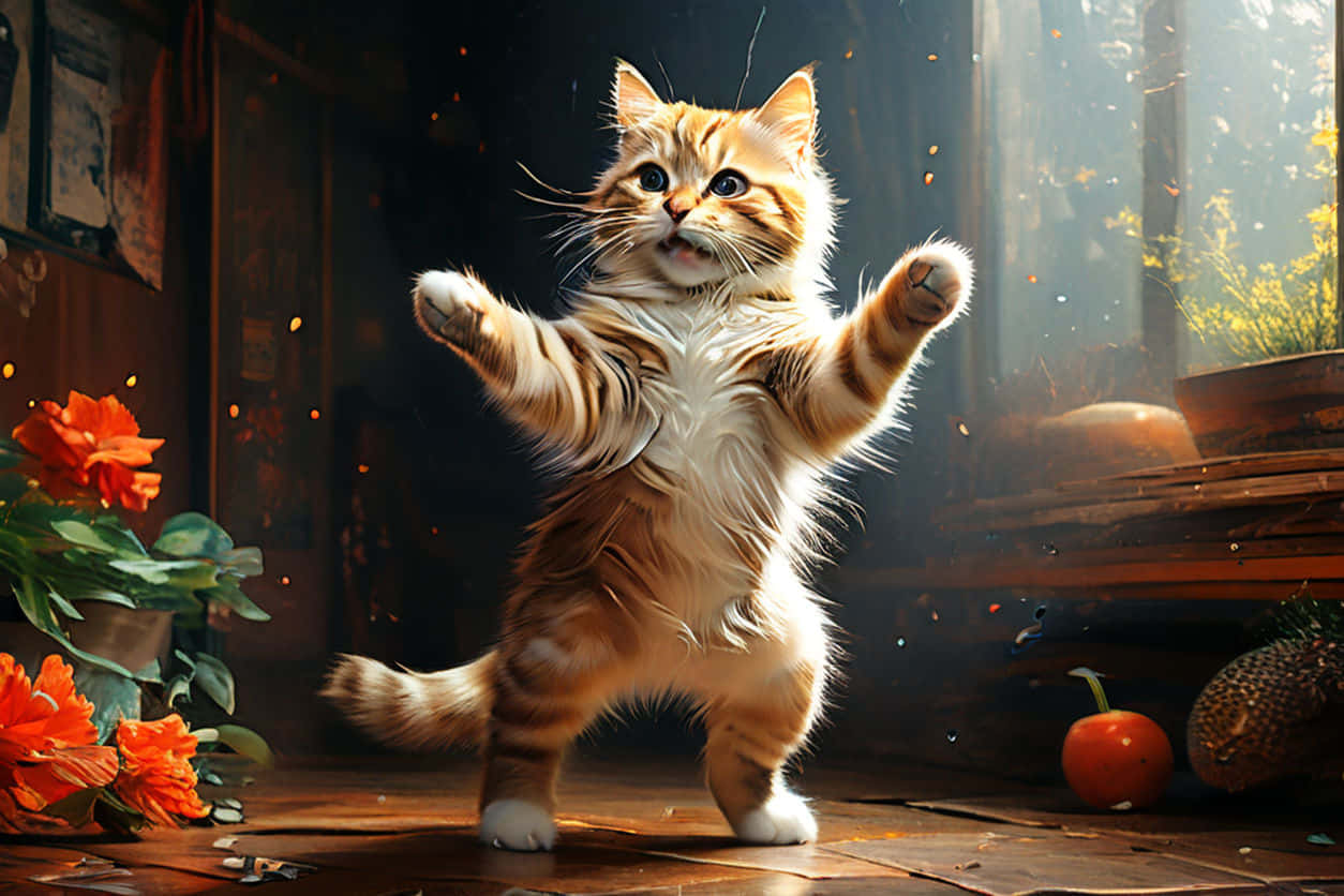 Elegante Dansende Kat in Sonverligte Kamer Muurpapier