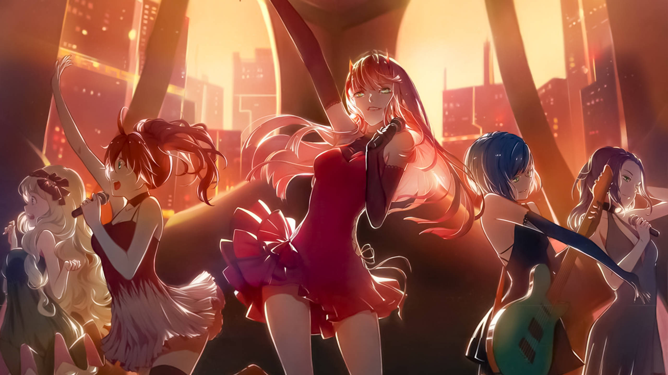 Energieke Anime Meisiesgroep wat dans op 'n Dromerige Verhoog Muurpapier