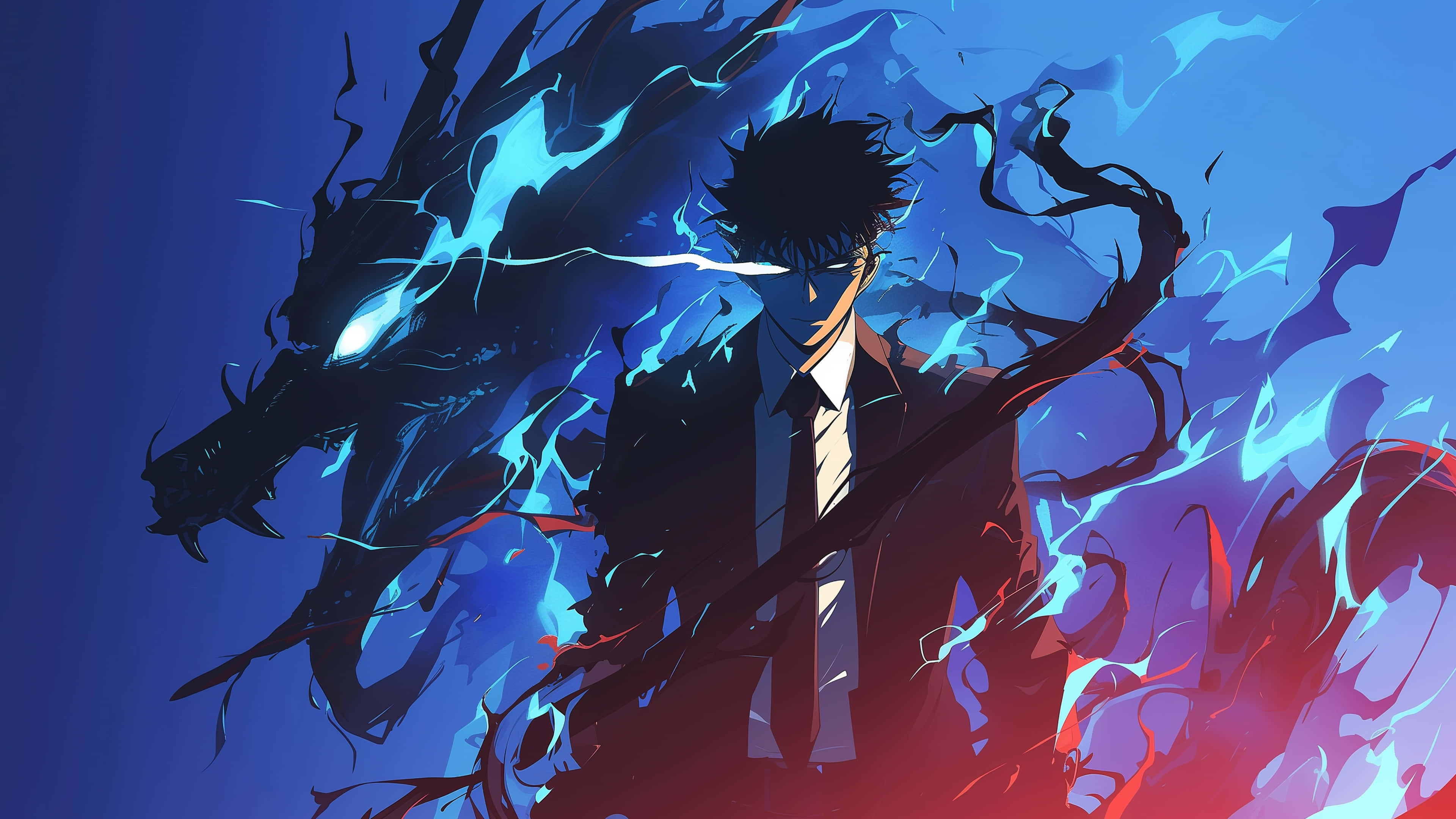 Epiese Anime Seun met Blou Weerlig Aura 4K Muurpapier