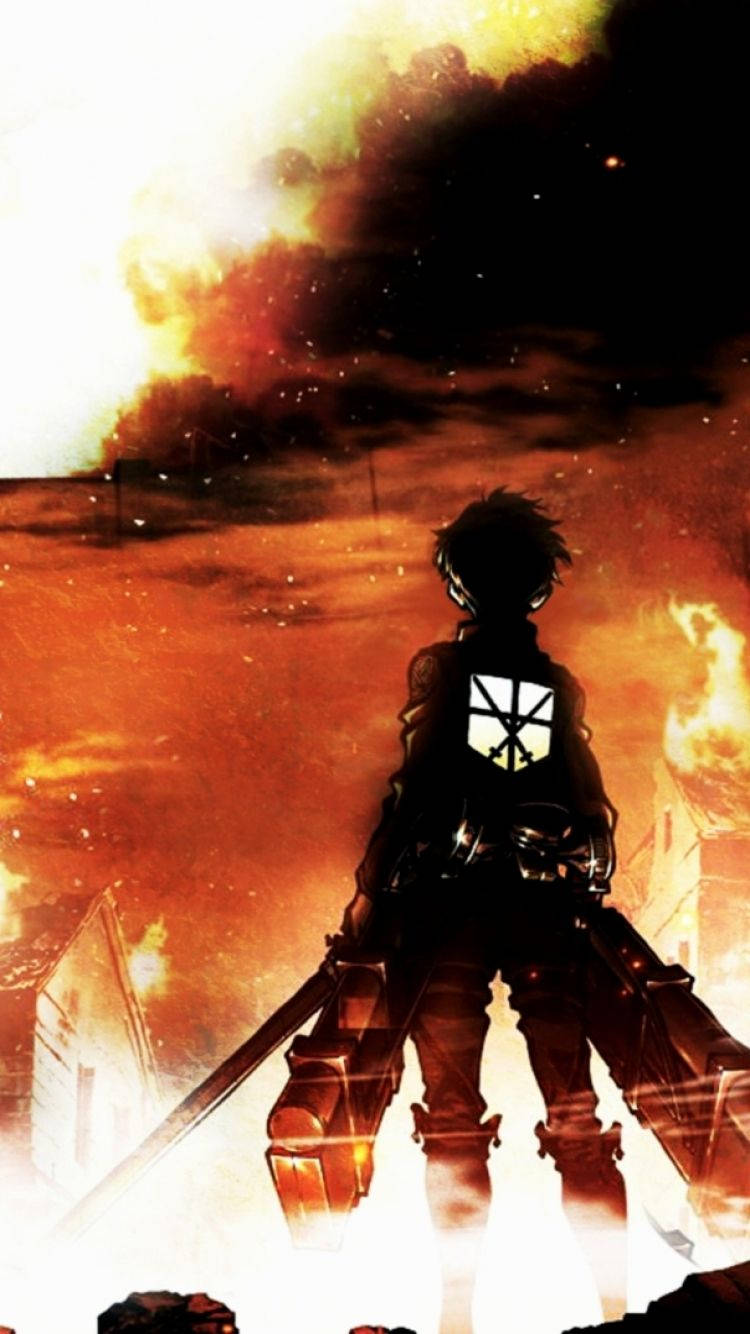 Agteraansig van Eren Jaeger met walms rook en vuur in Attack On Titan-agtergrond. — Attack On Titan Muurpapier