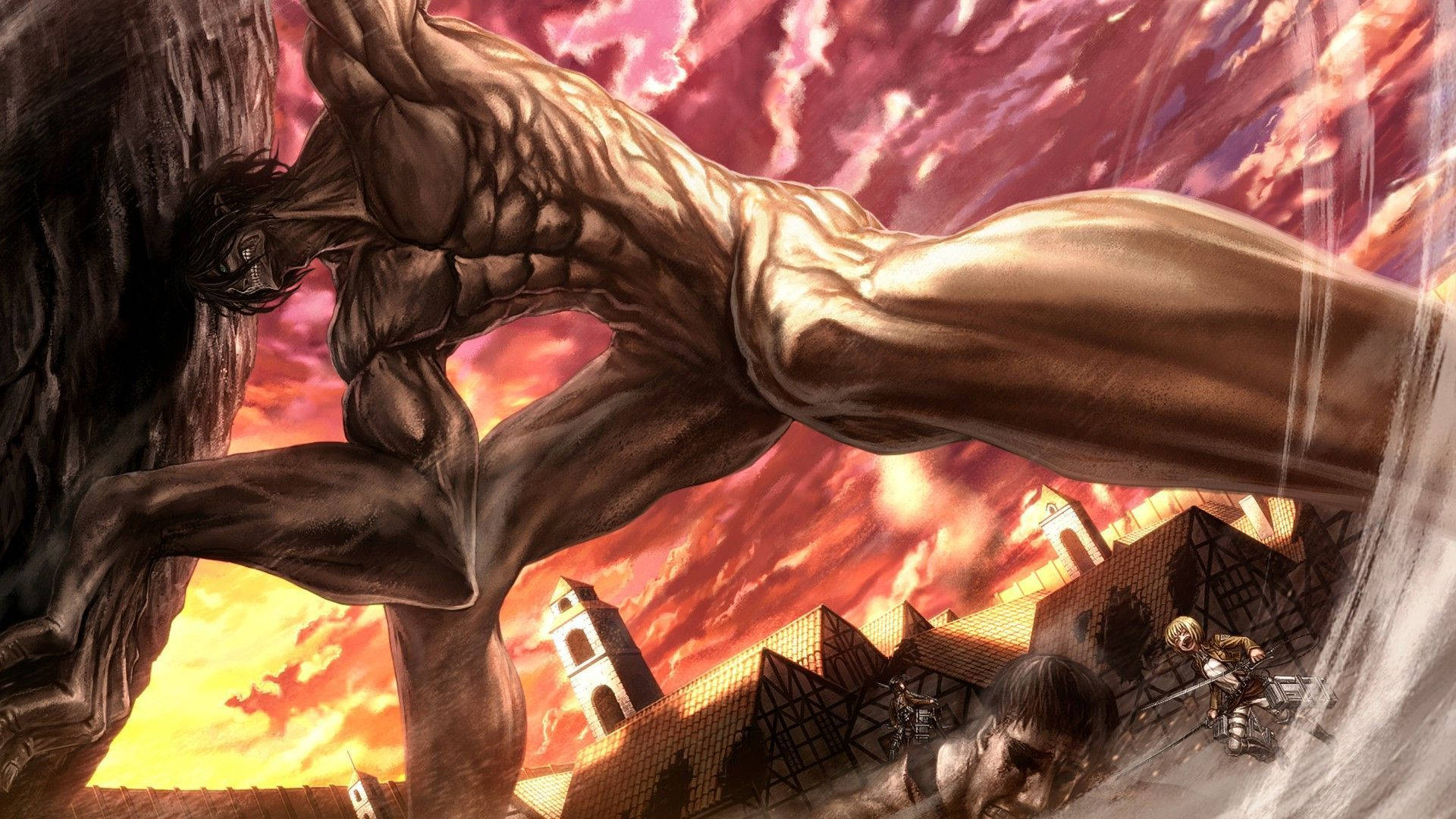 Attack on Titan-agtergrond van Titan Eren wat 'n rotsblok dra om die gat in Trost-distrik te sluit. — Attack On Titan Muurpapier