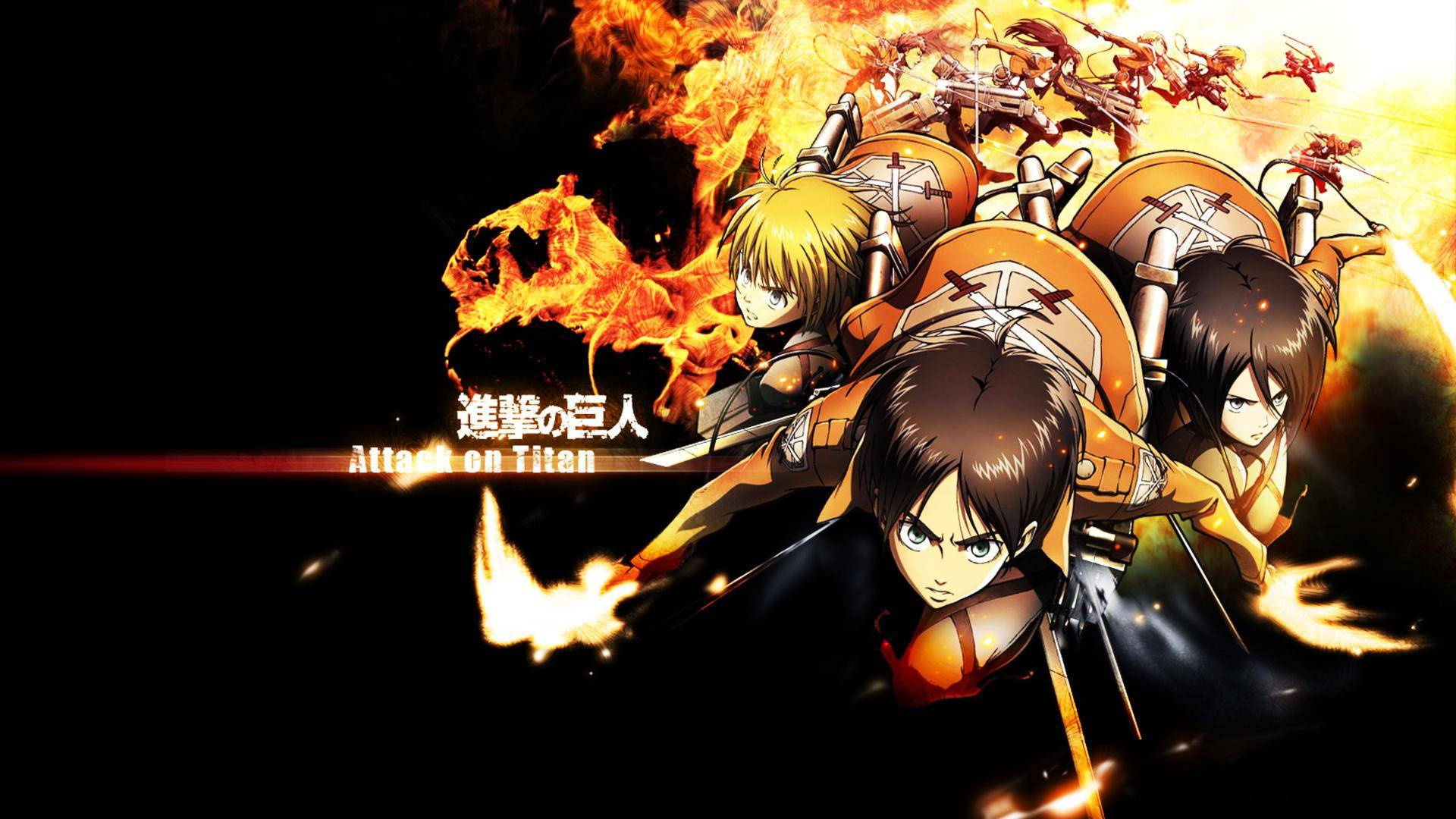 Eren, Mikasa en Armin uit Attack on Titan-anime met 'n brandende vuurspoor-agtergrond. — Attack On Titan Muurpapier