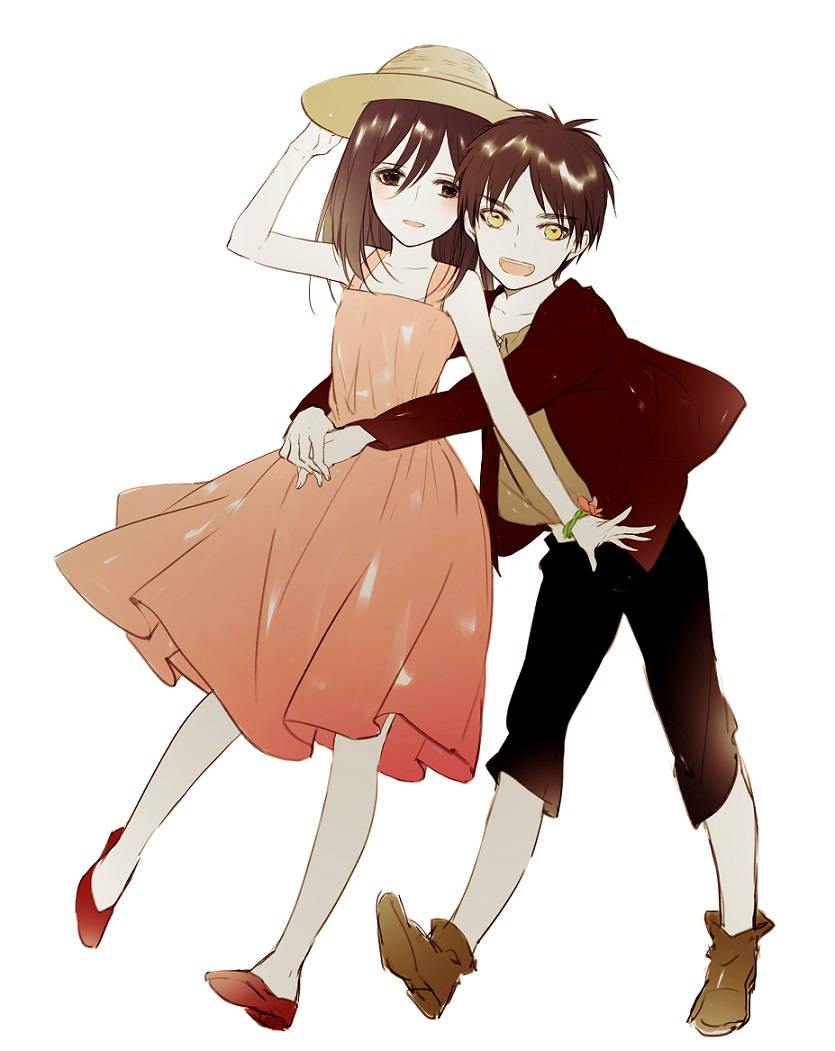Eren Mikasa Oulik Glimlag en Omhelsing Muurpapier