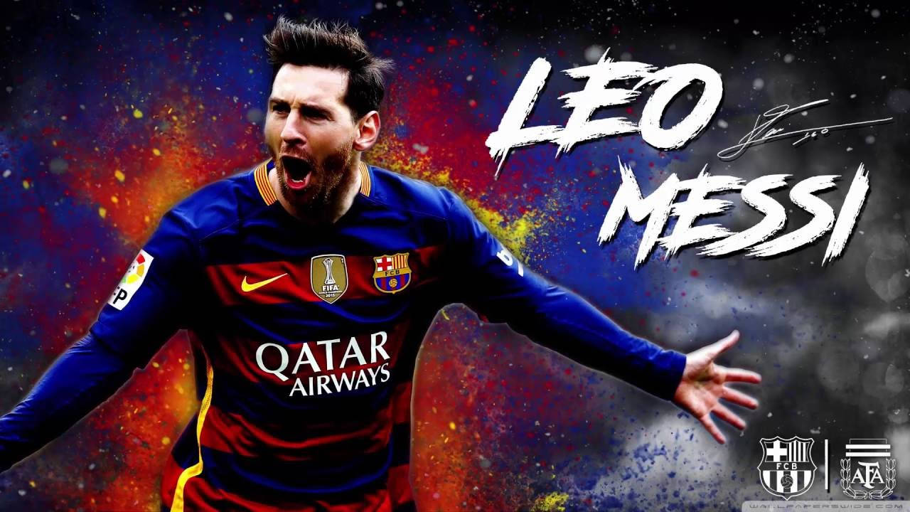 Leo Messi op veelkleurige spat agtergrond kunsmuurpapier
