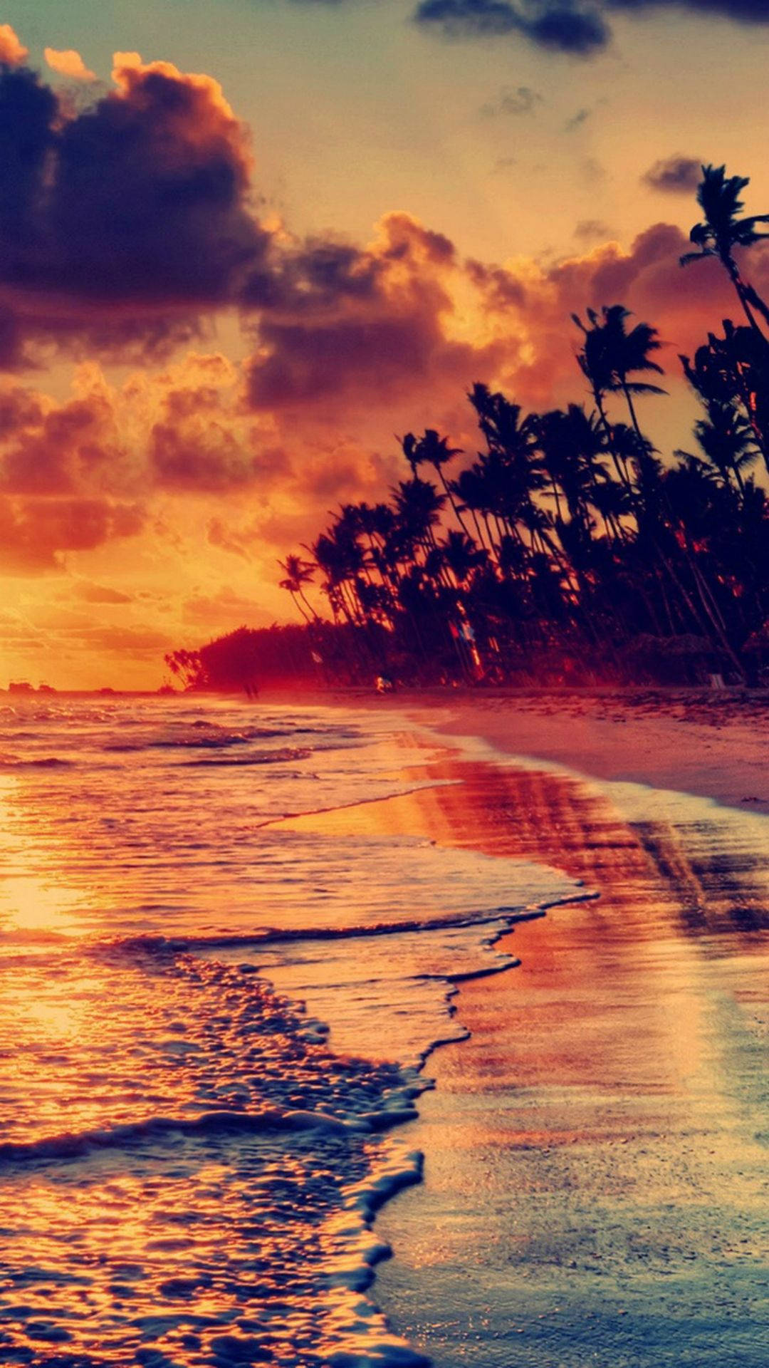 'n Wonderlike iPhone-agtergrond met 'n sonsondergang en pragtige strandlyn